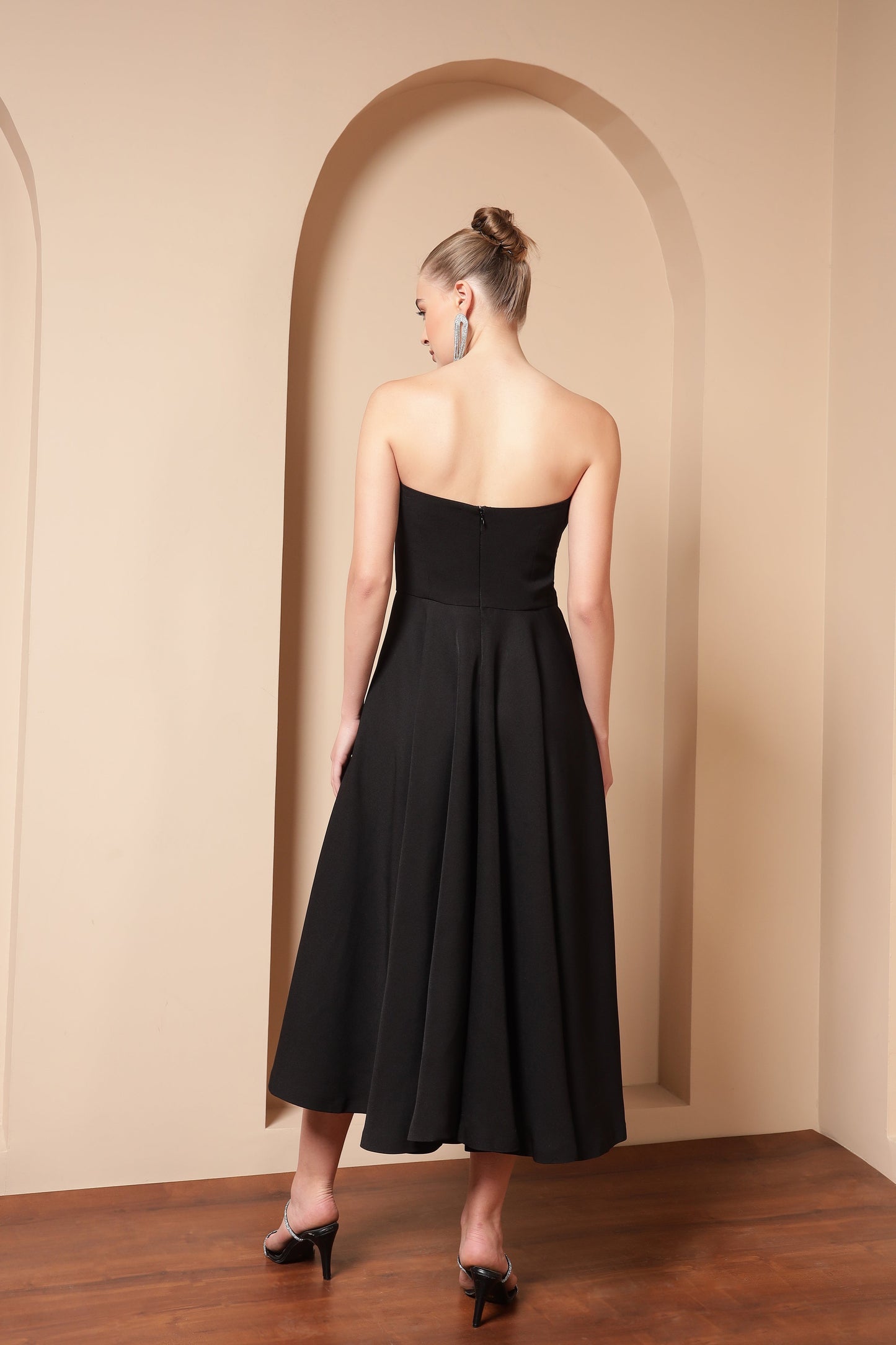 BLACK CRYSTAL EMBROIDERED FLARE MIDI DRESS