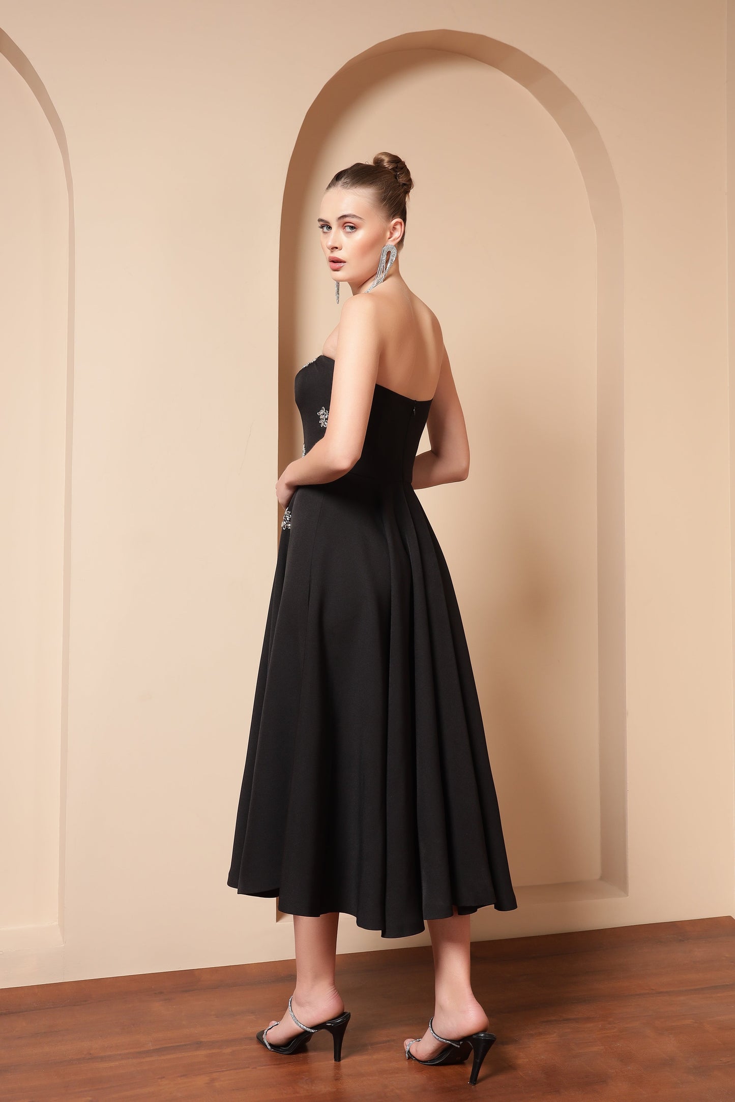 BLACK CRYSTAL EMBROIDERED FLARE MIDI DRESS