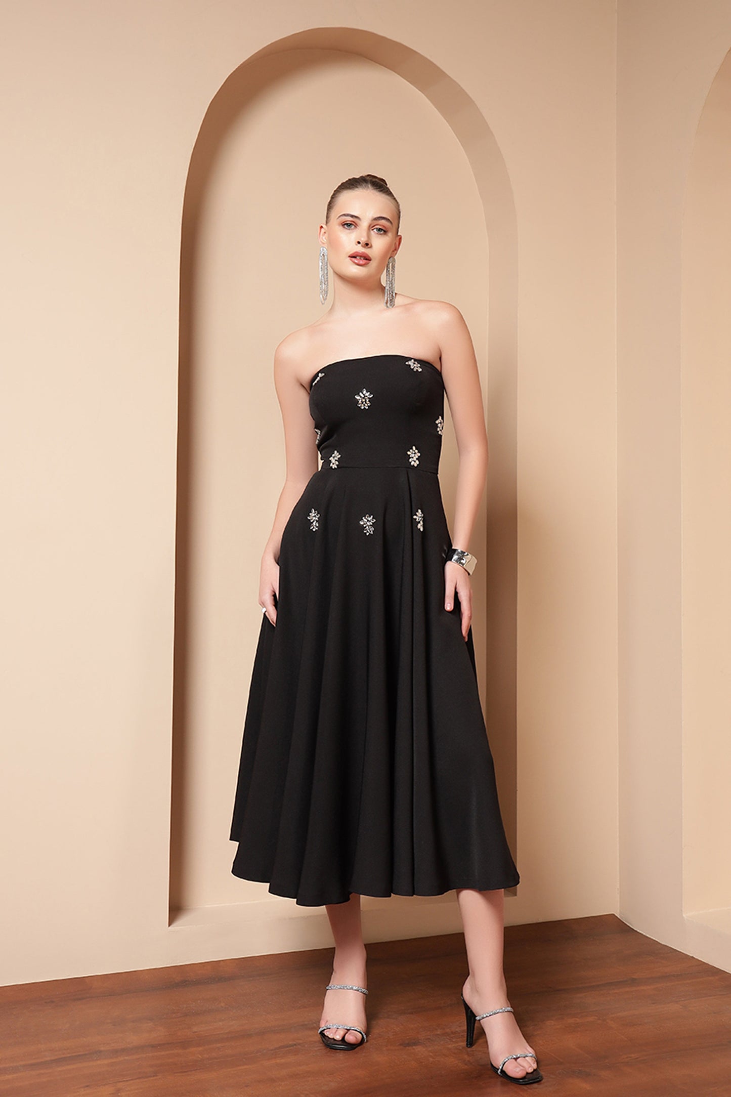 BLACK CRYSTAL EMBROIDERED FLARE MIDI DRESS