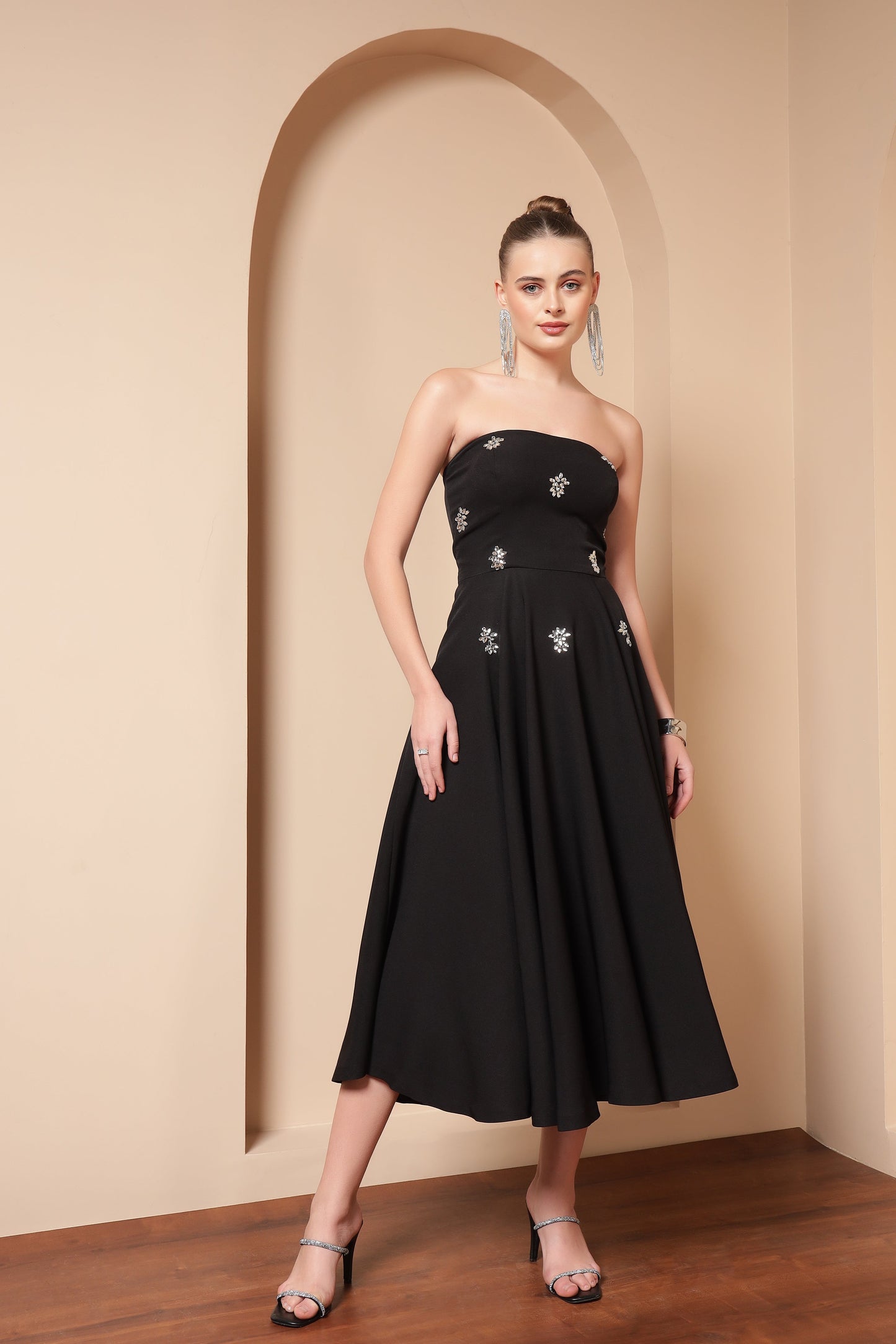 BLACK CRYSTAL EMBROIDERED FLARE MIDI DRESS