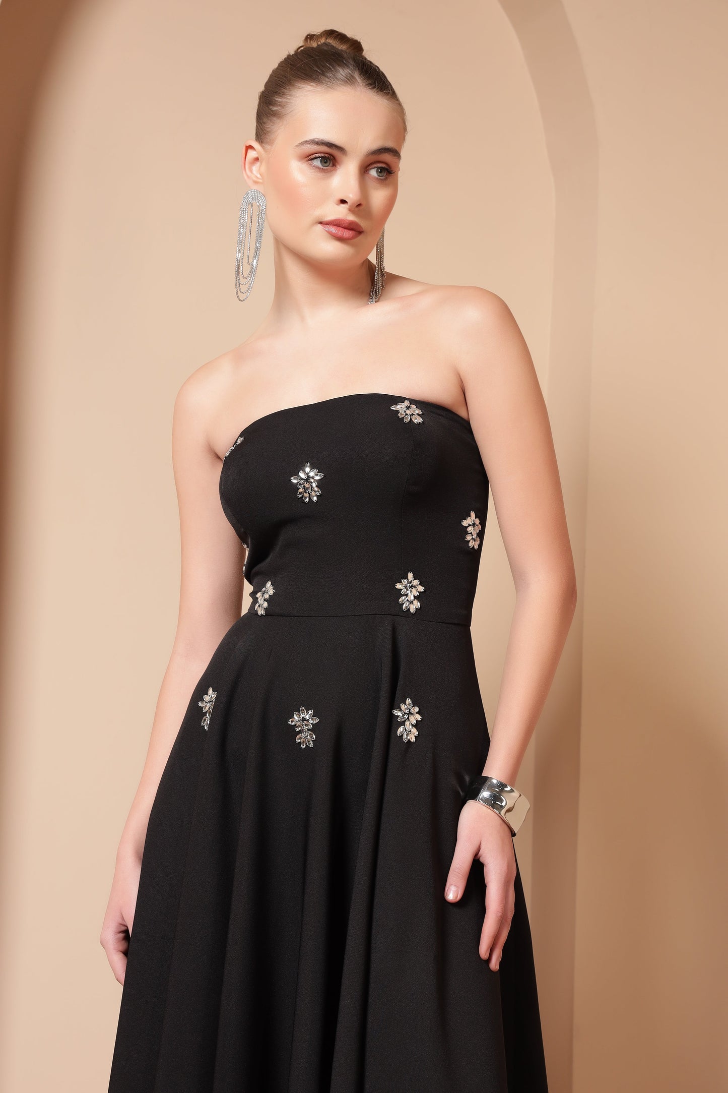 BLACK CRYSTAL EMBROIDERED FLARE MIDI DRESS