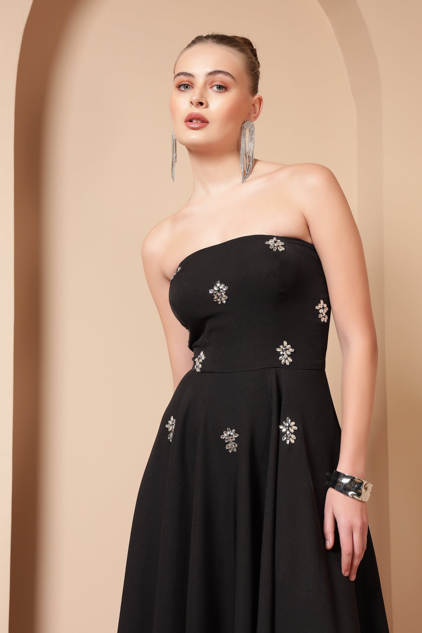 BLACK CRYSTAL EMBROIDERED FLARE MIDI DRESS