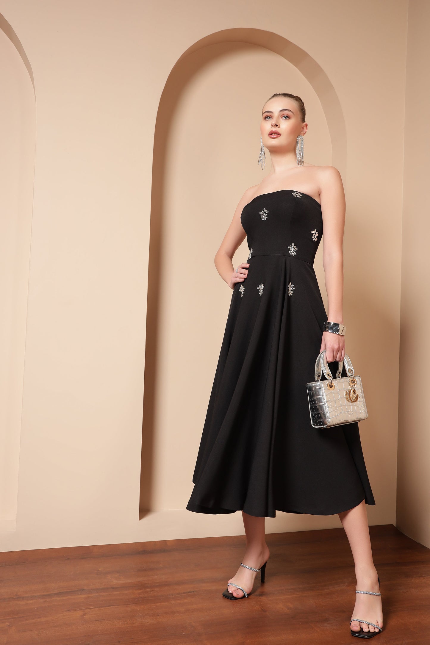 BLACK CRYSTAL EMBROIDERED FLARE MIDI DRESS