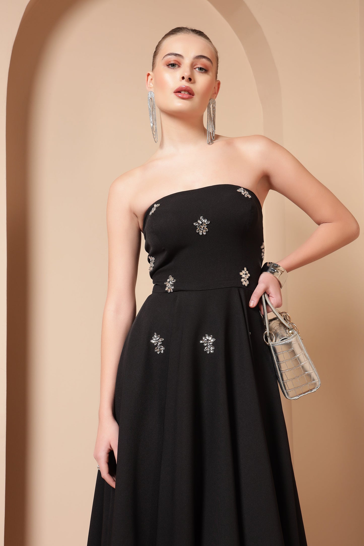BLACK CRYSTAL EMBROIDERED FLARE MIDI DRESS