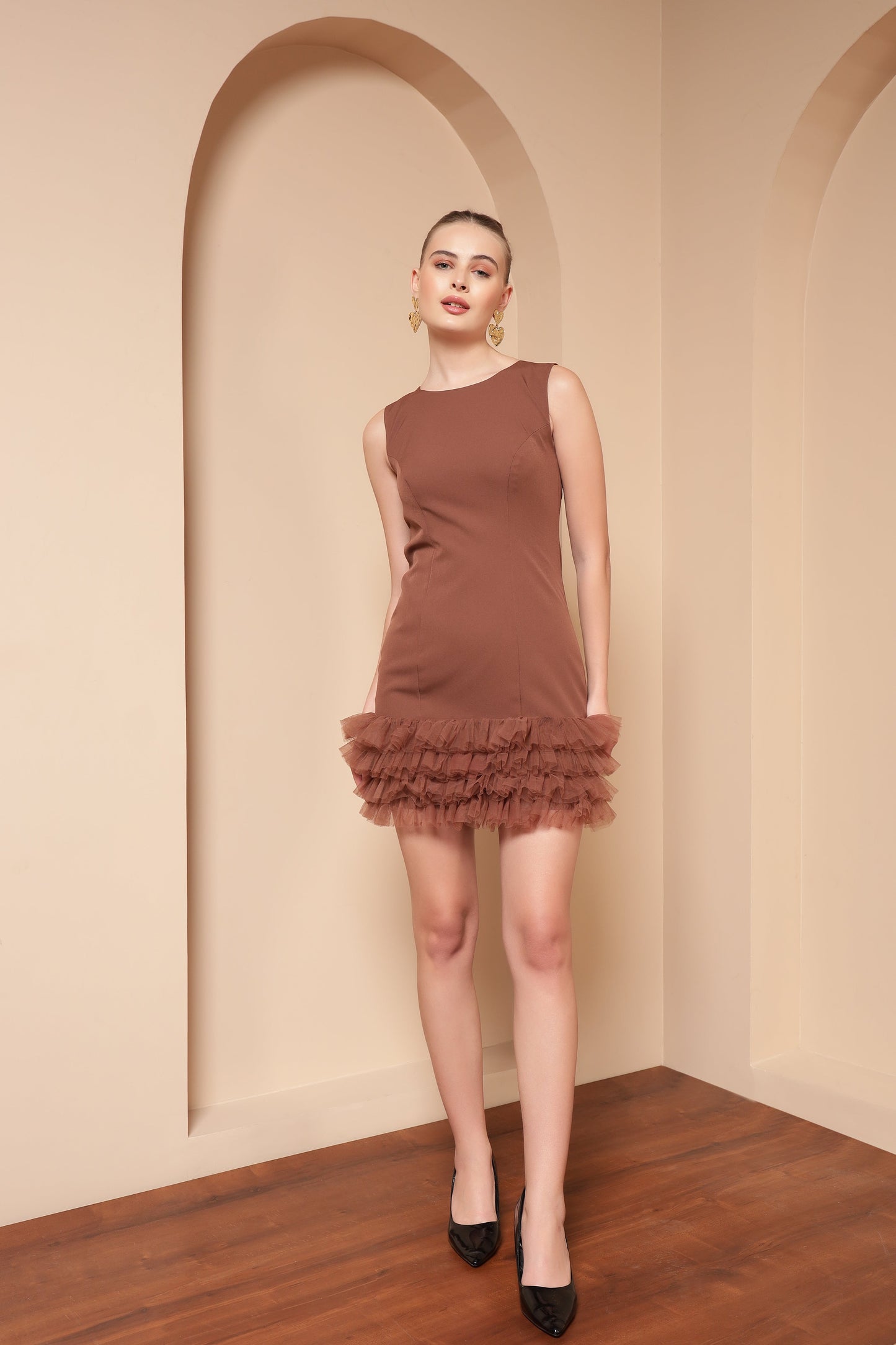 TRUFFLE NET FRILL DRESS