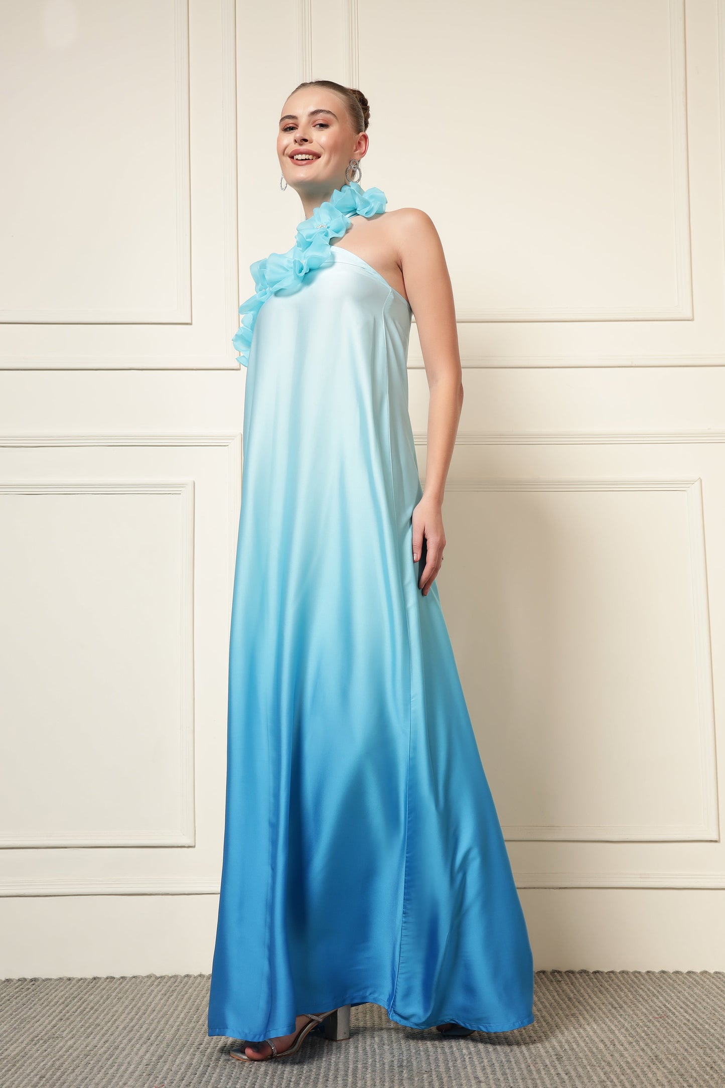 BLUE OMBRE FLOWER PATCH MAXI DRESS