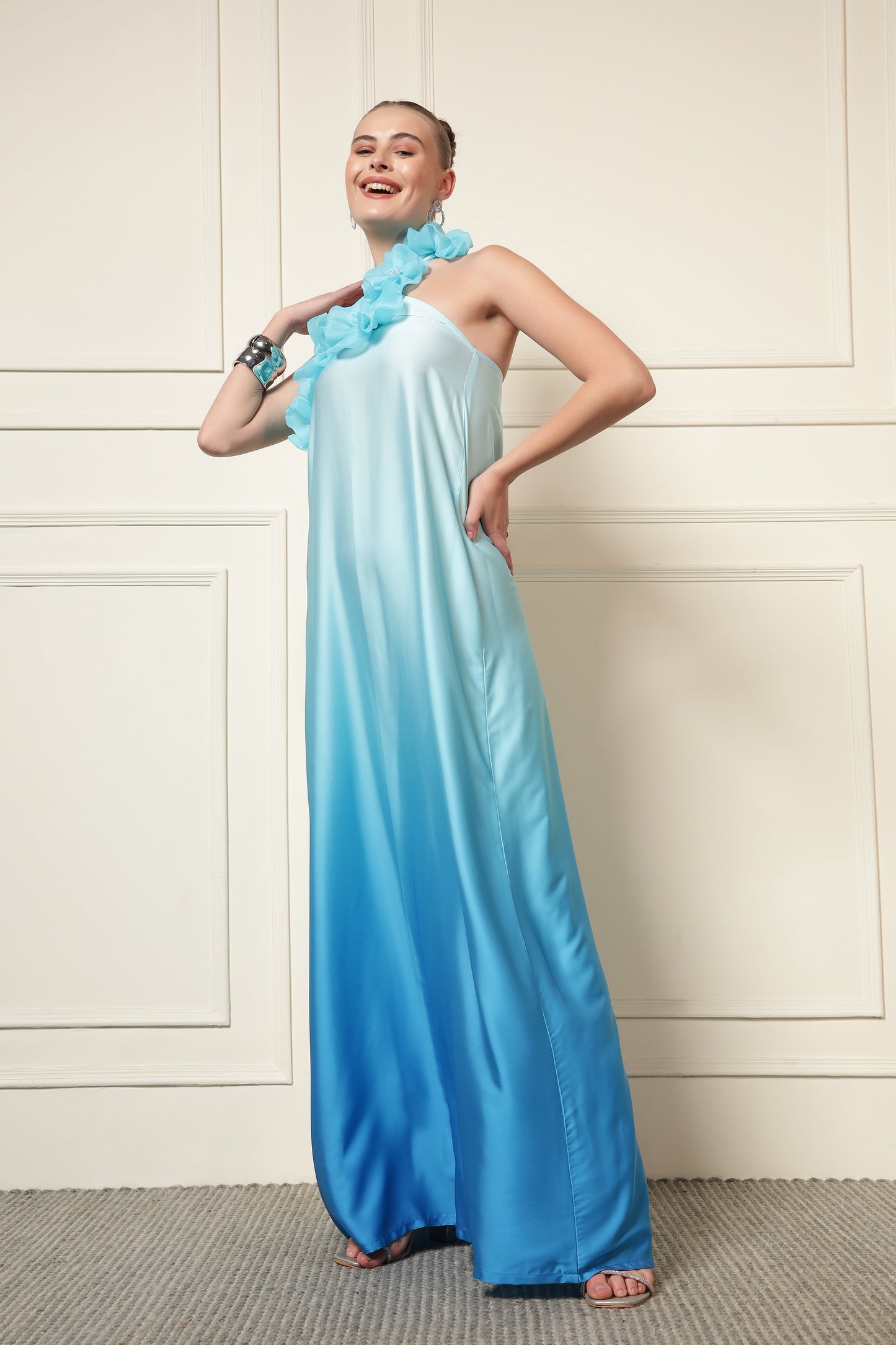 BLUE OMBRE FLOWER PATCH MAXI DRESS