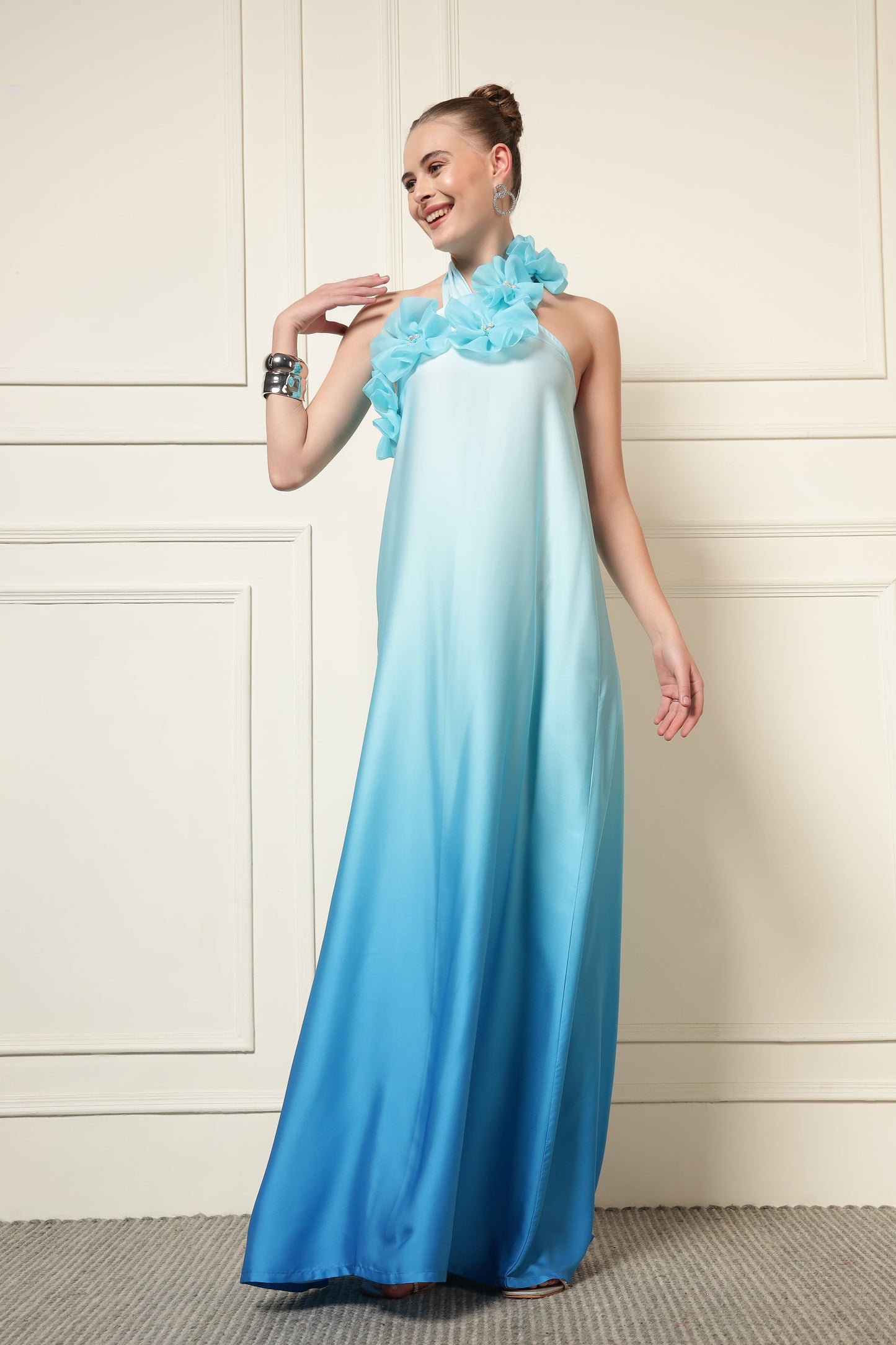 BLUE OMBRE FLOWER PATCH MAXI DRESS