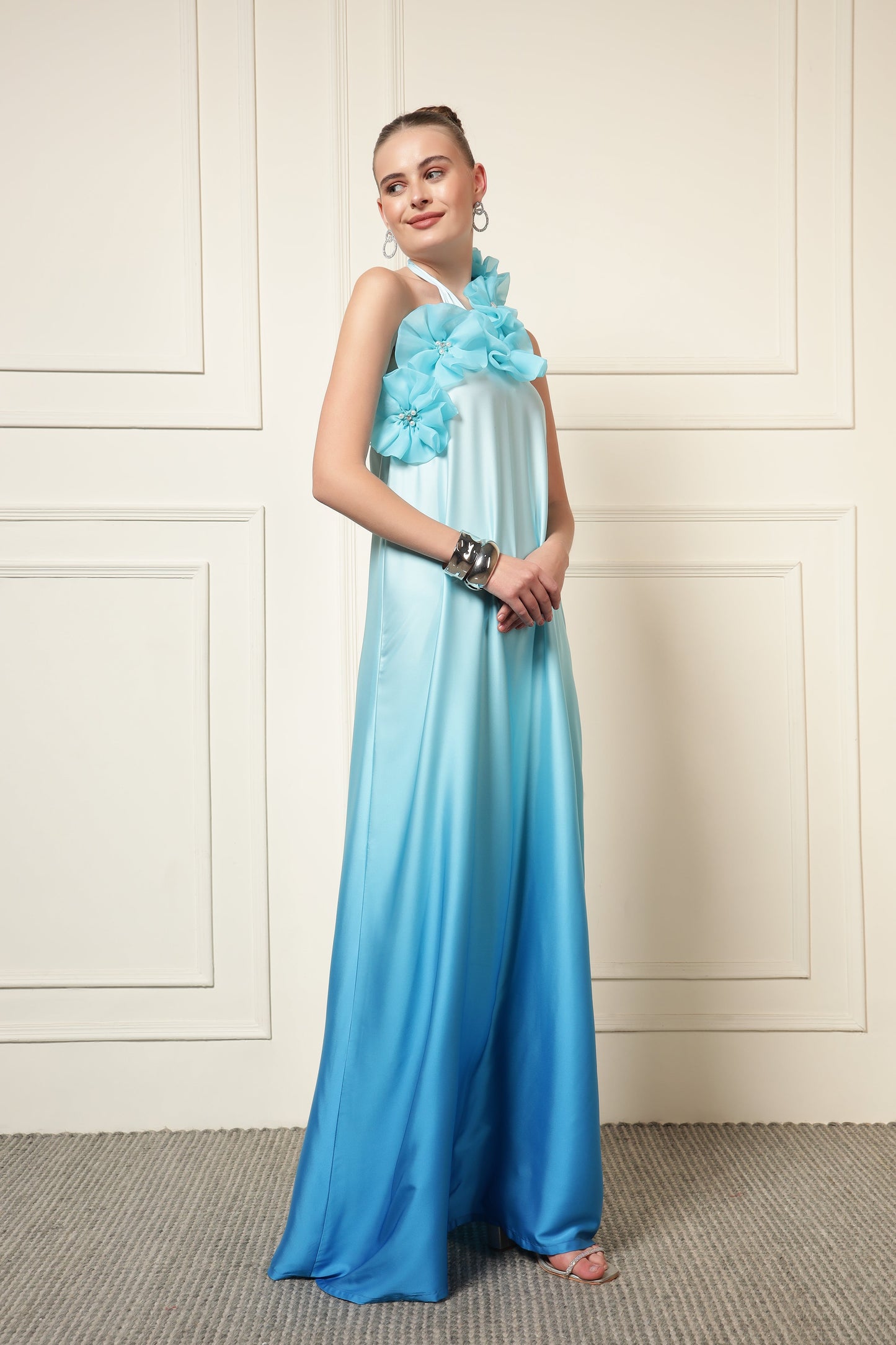 BLUE OMBRE FLOWER PATCH MAXI DRESS
