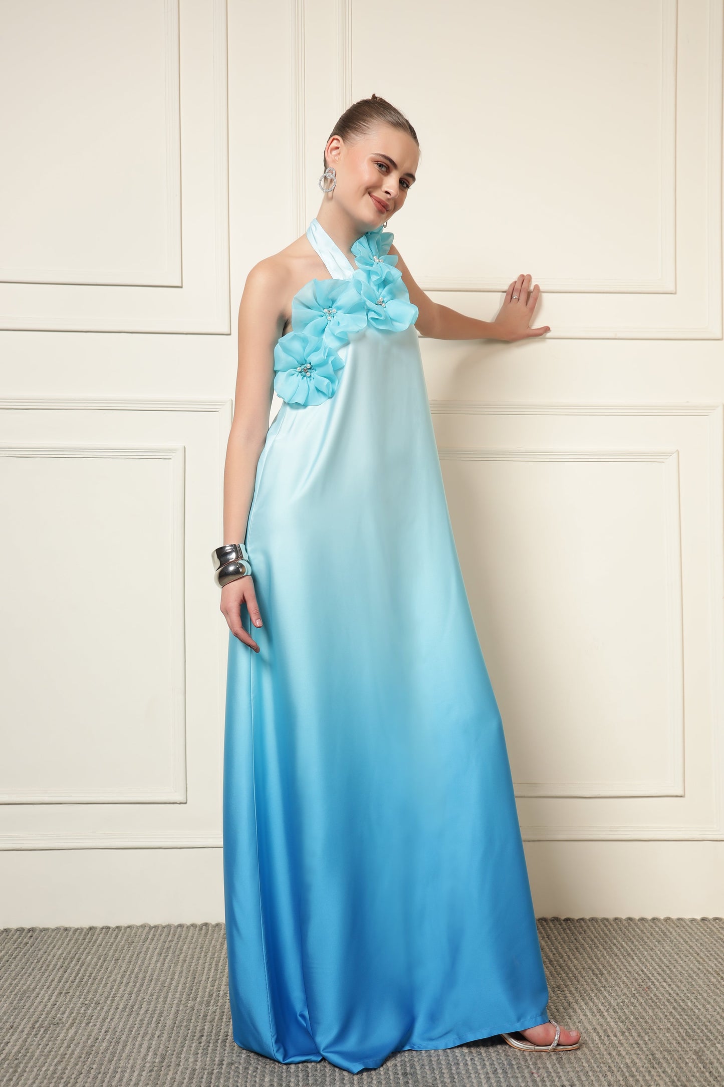BLUE OMBRE FLOWER PATCH MAXI DRESS
