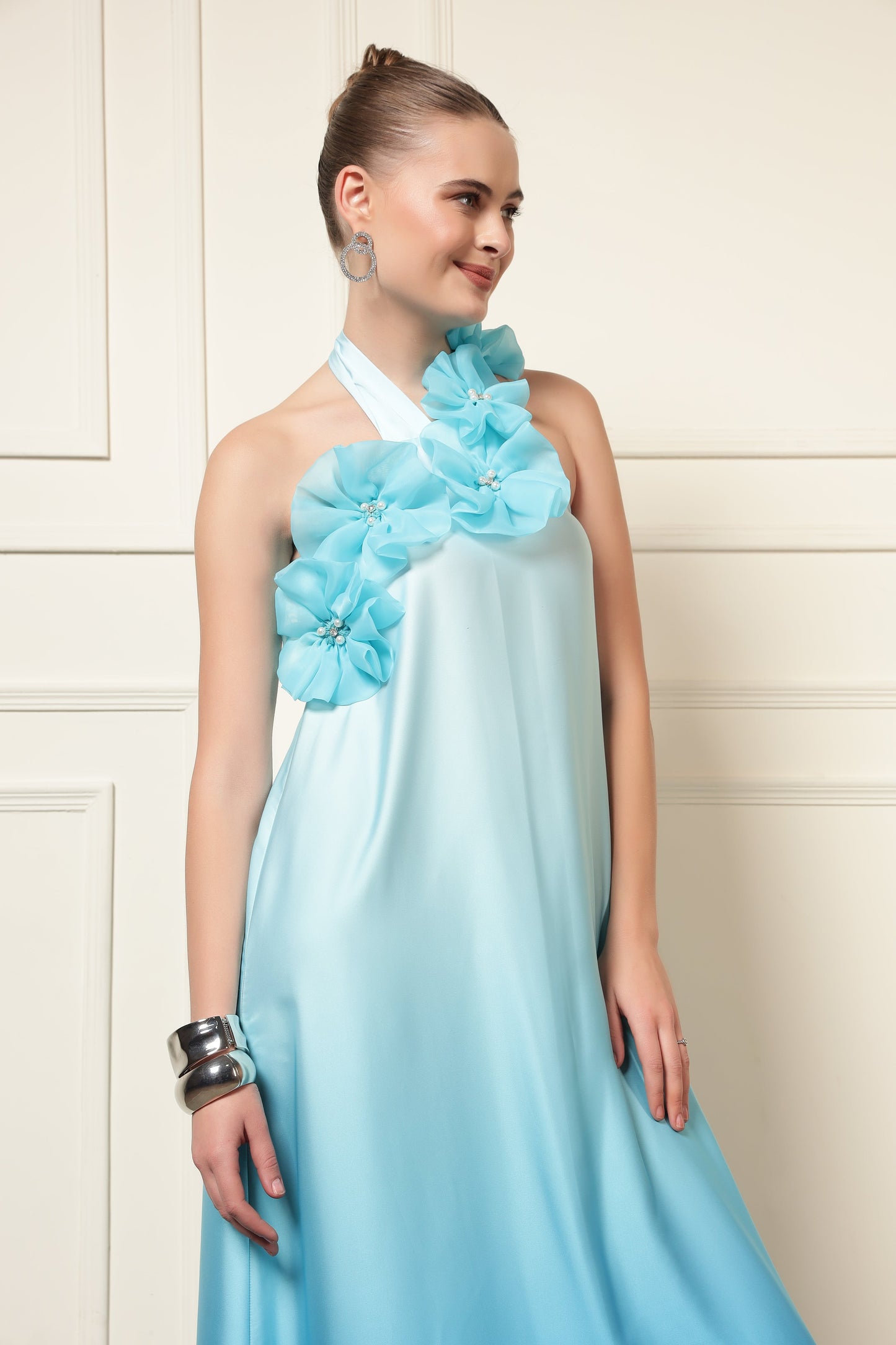 BLUE OMBRE FLOWER PATCH MAXI DRESS