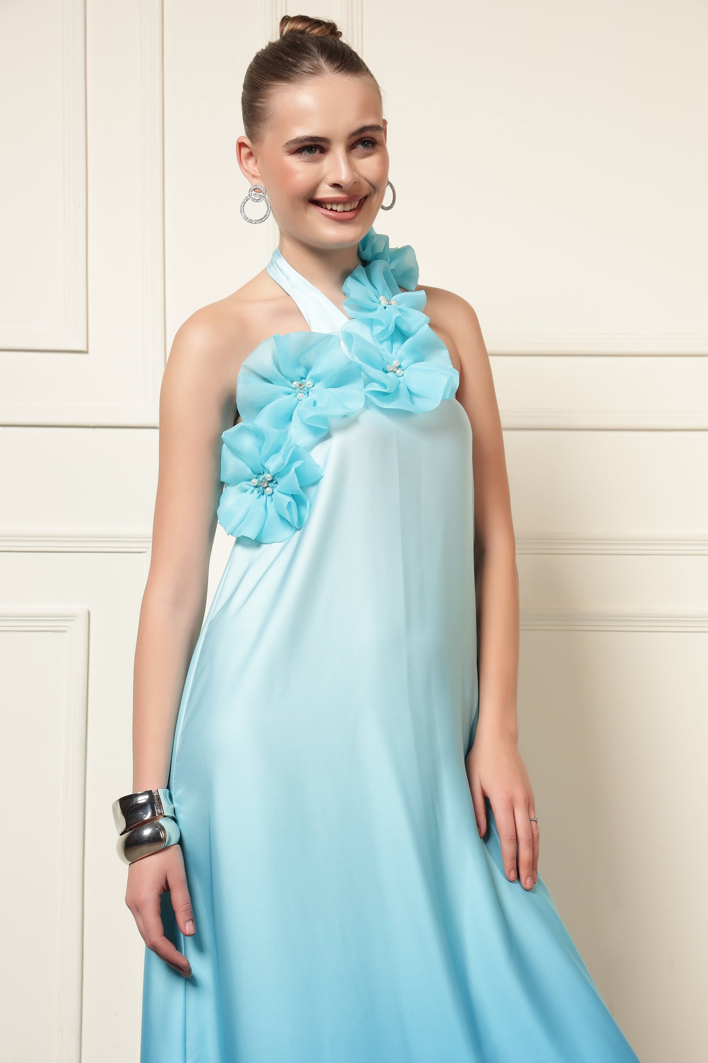 BLUE OMBRE FLOWER PATCH MAXI DRESS