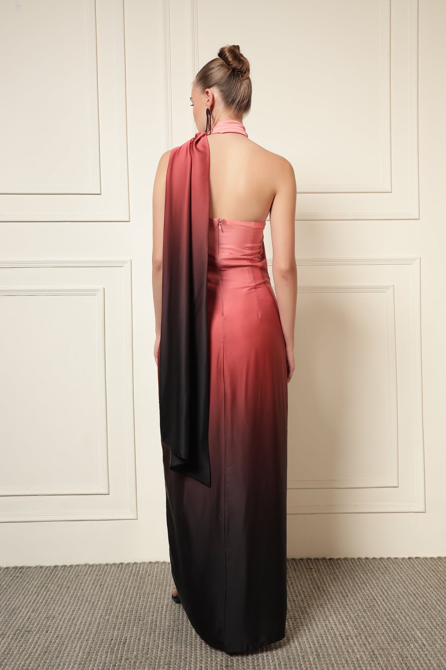 PEACH OMBRE NECK TIE DRESS