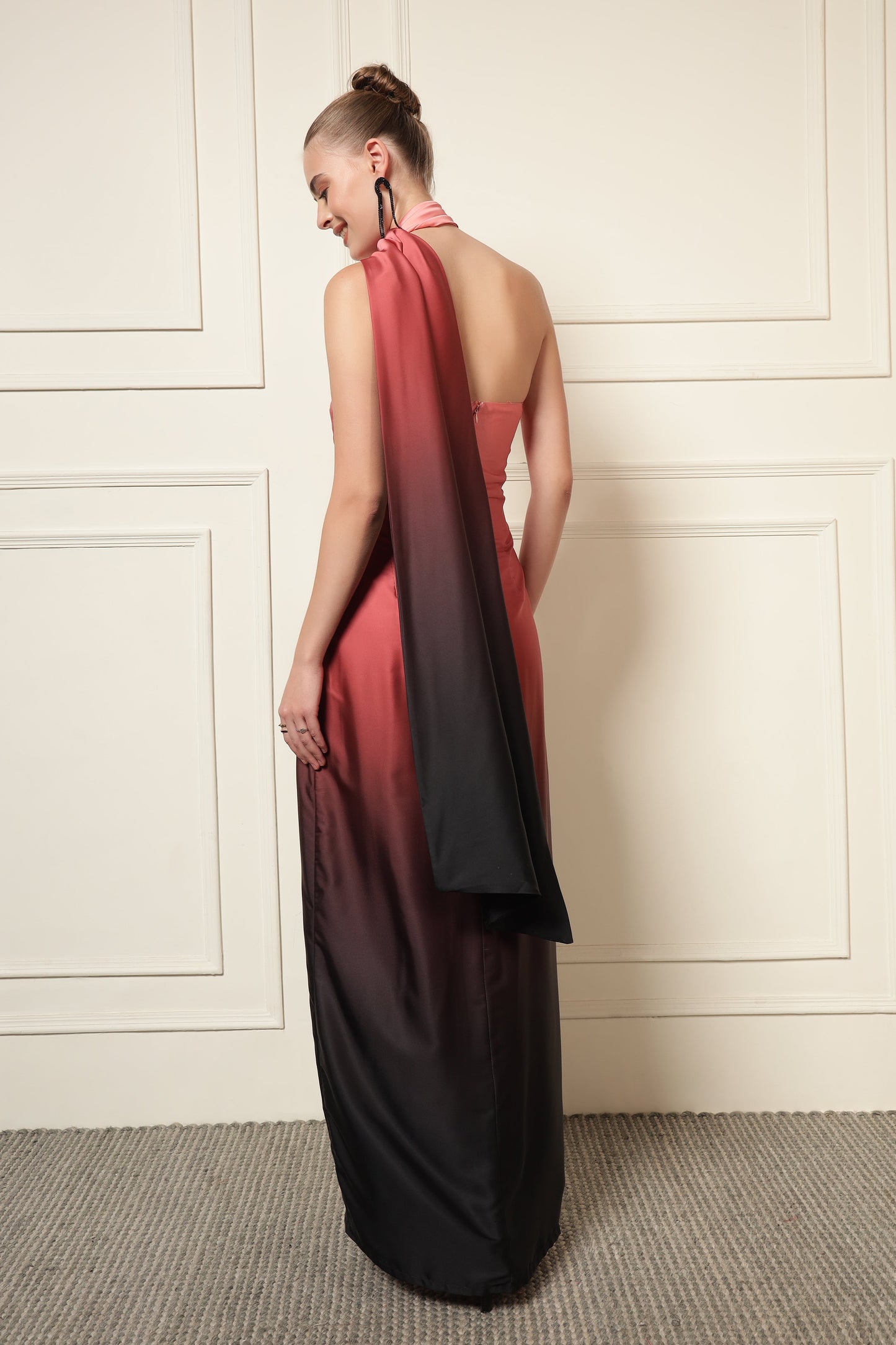 PEACH OMBRE NECK TIE DRESS