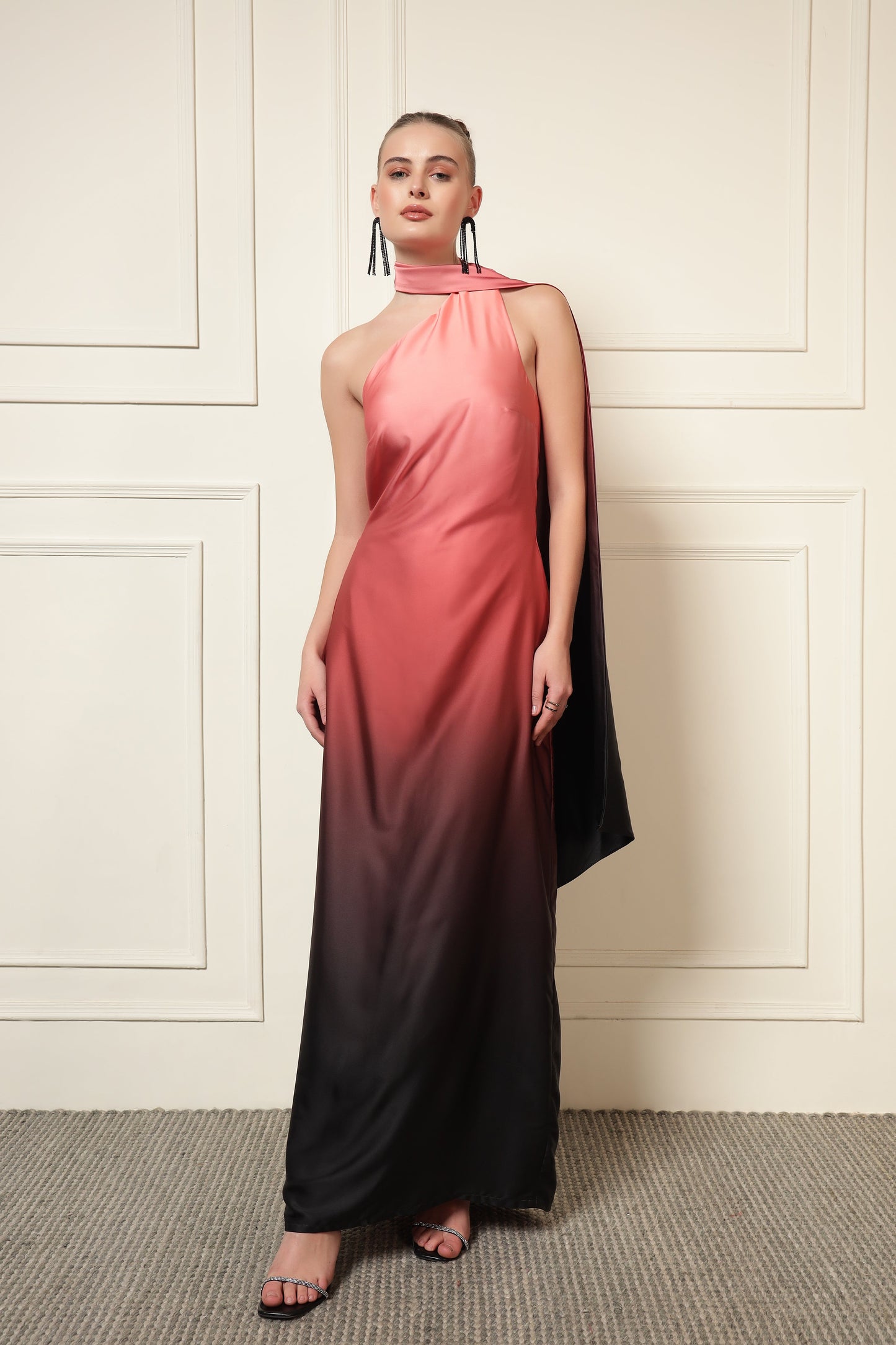 PEACH OMBRE NECK TIE DRESS