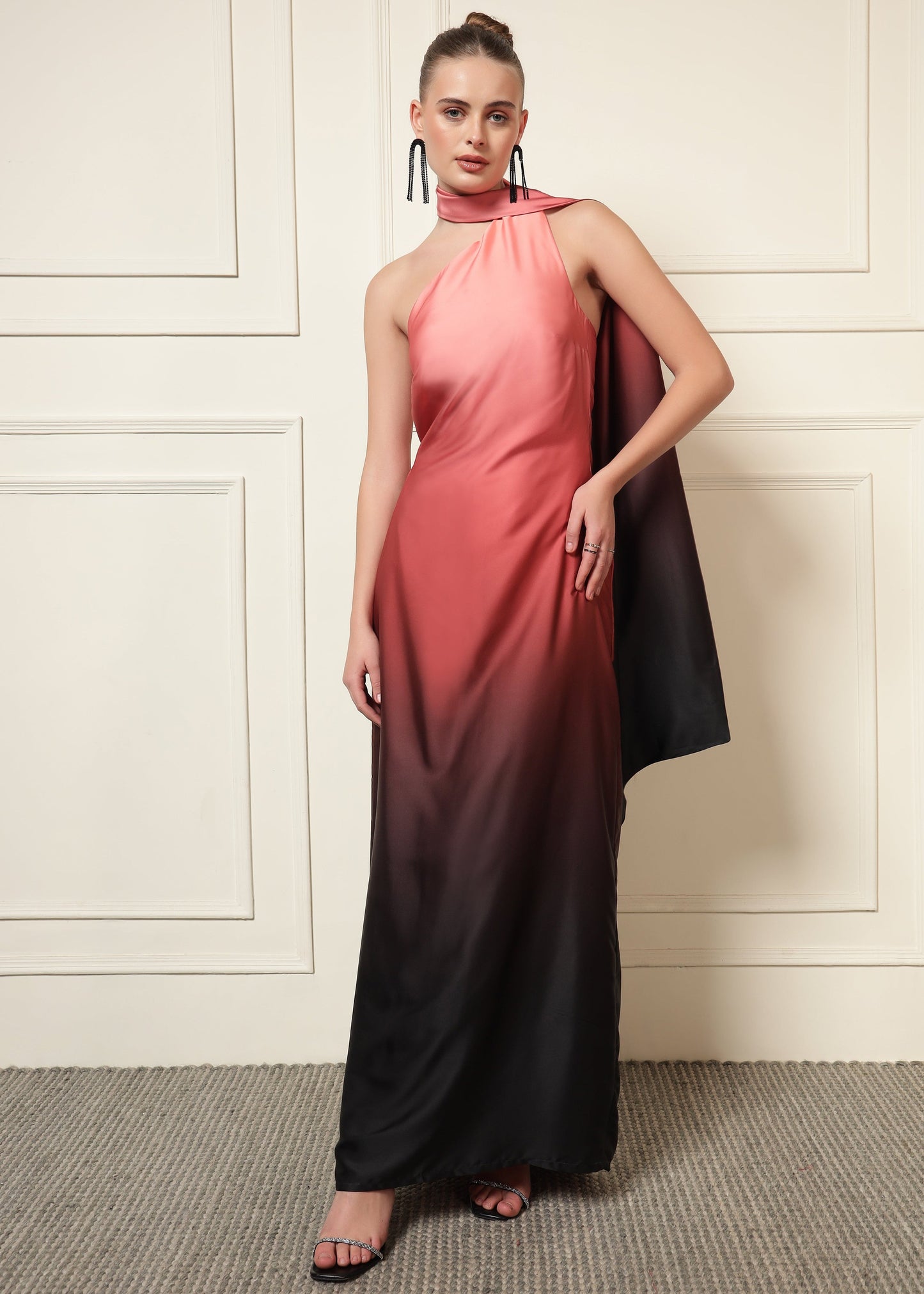 PEACH OMBRE NECK TIE DRESS