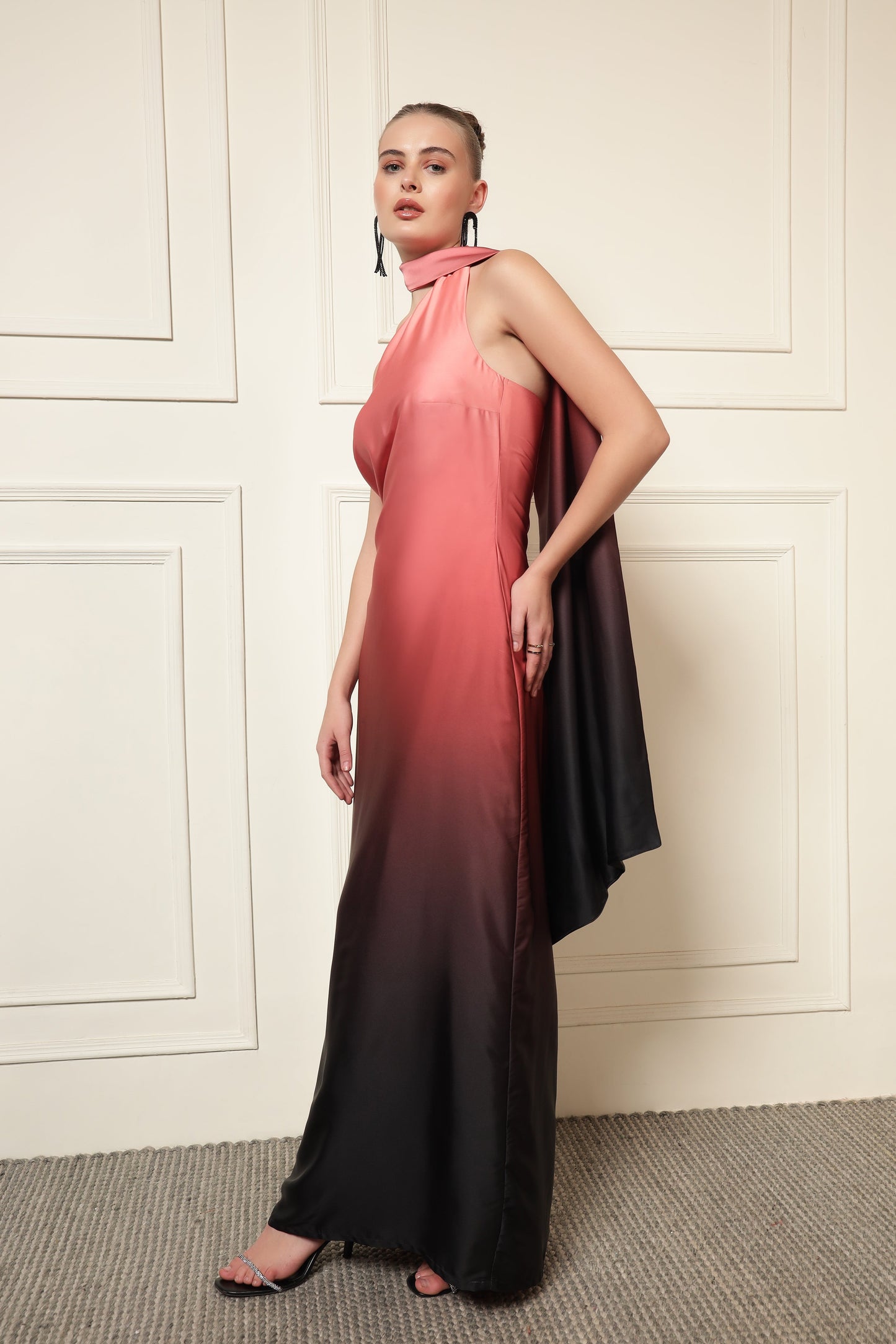PEACH OMBRE NECK TIE DRESS