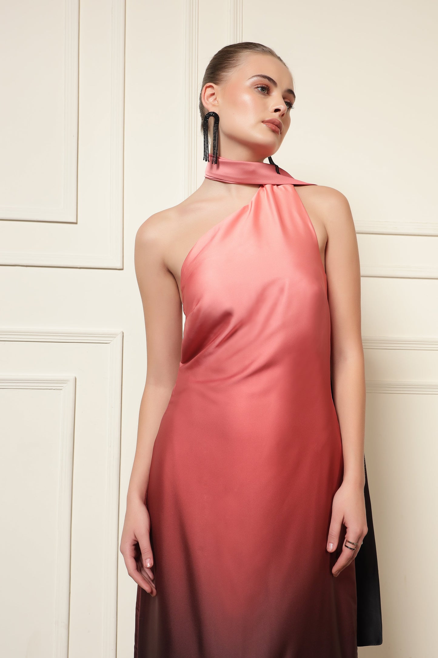 PEACH OMBRE NECK TIE DRESS