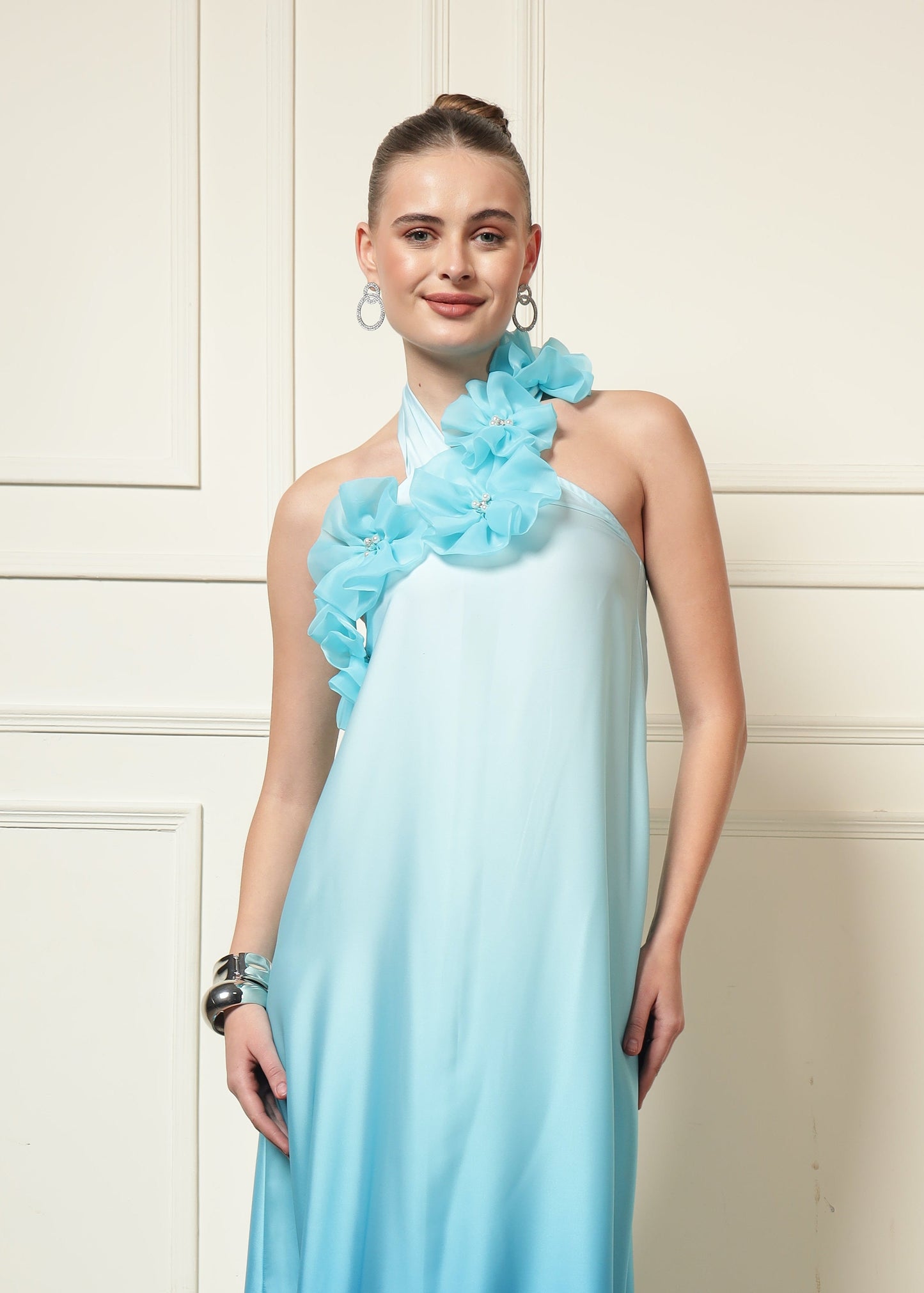 BLUE OMBRE FLOWER PATCH MAXI DRESS