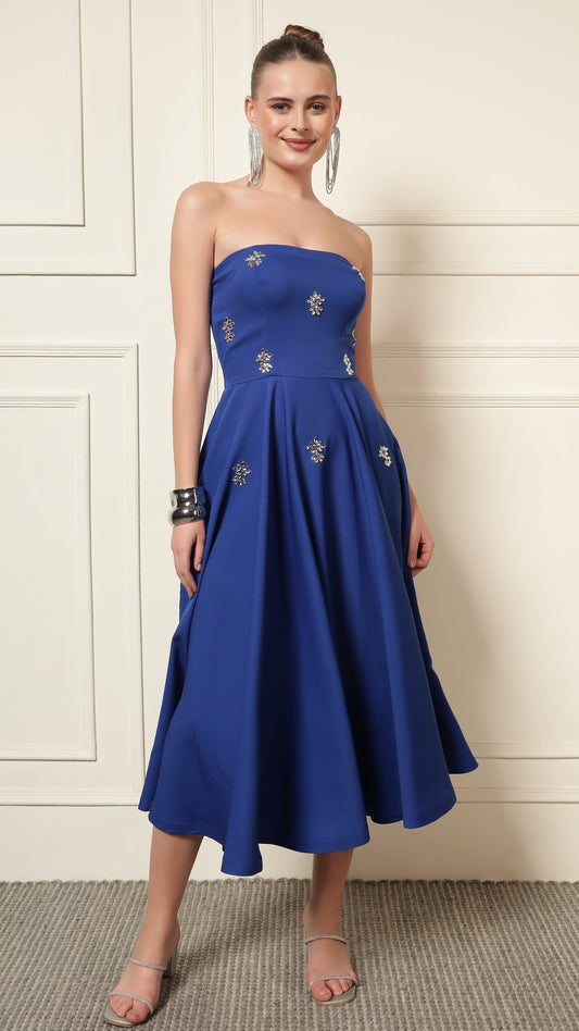 BLUE CRYSTAL EMBROIDERED FLARE MIDI DRESS