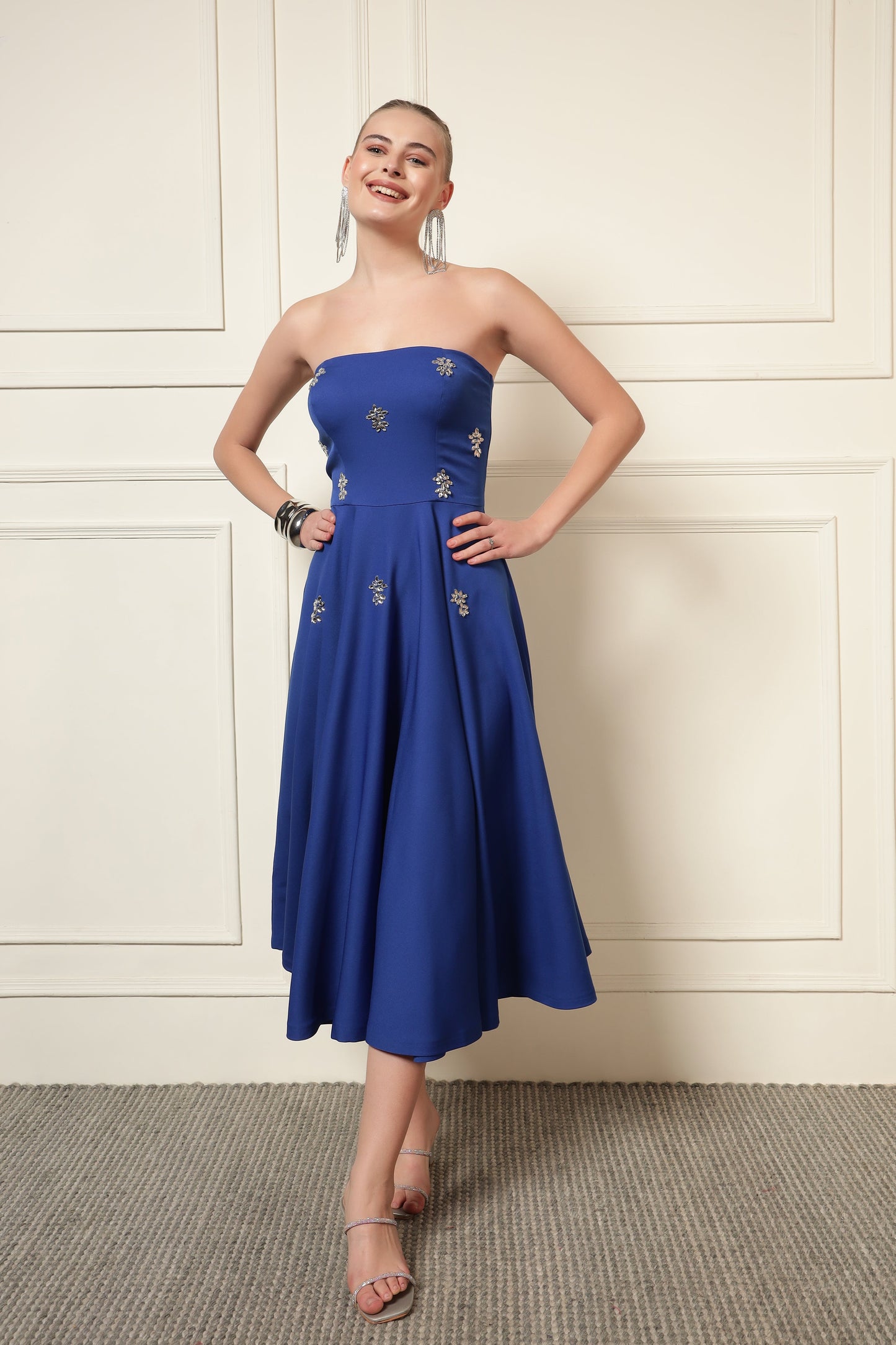 BLUE CRYSTAL EMBROIDERED FLARE MIDI DRESS