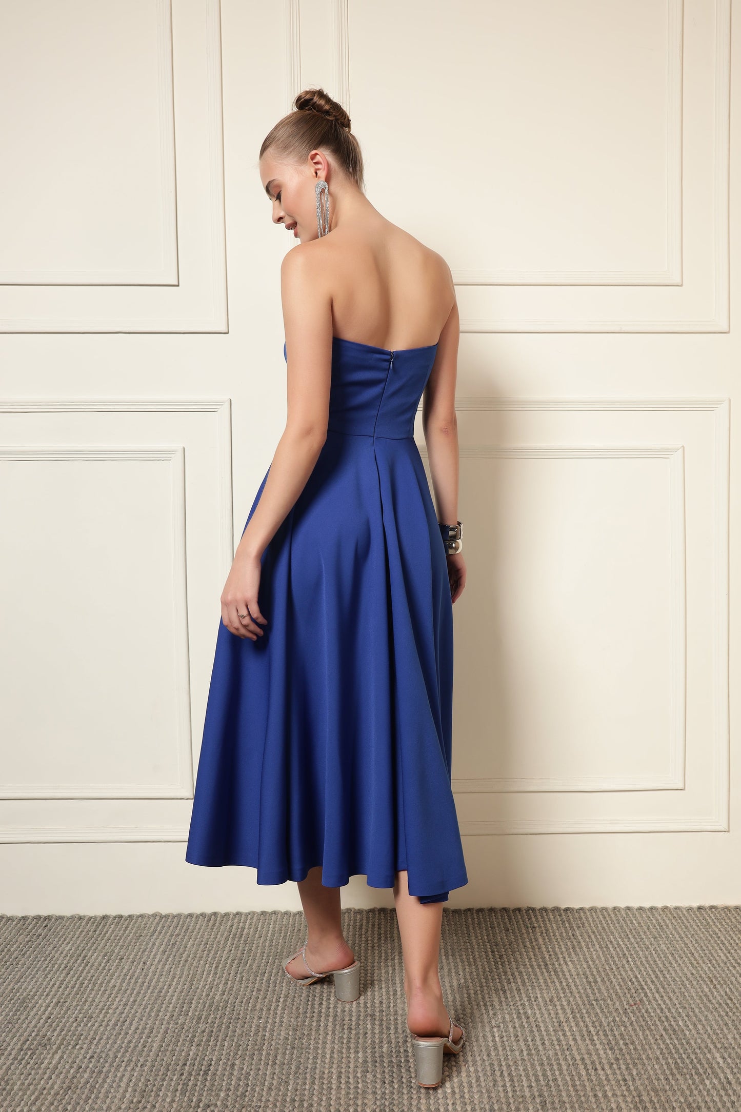 BLUE CRYSTAL EMBROIDERED FLARE MIDI DRESS