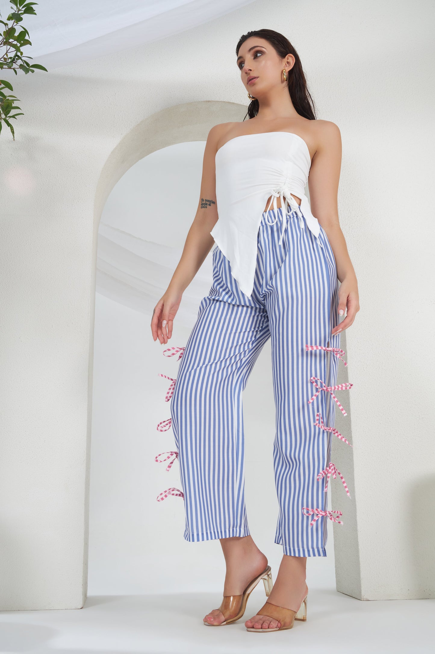 BLUE STRIPED SLIT TIE KNOT PANTS