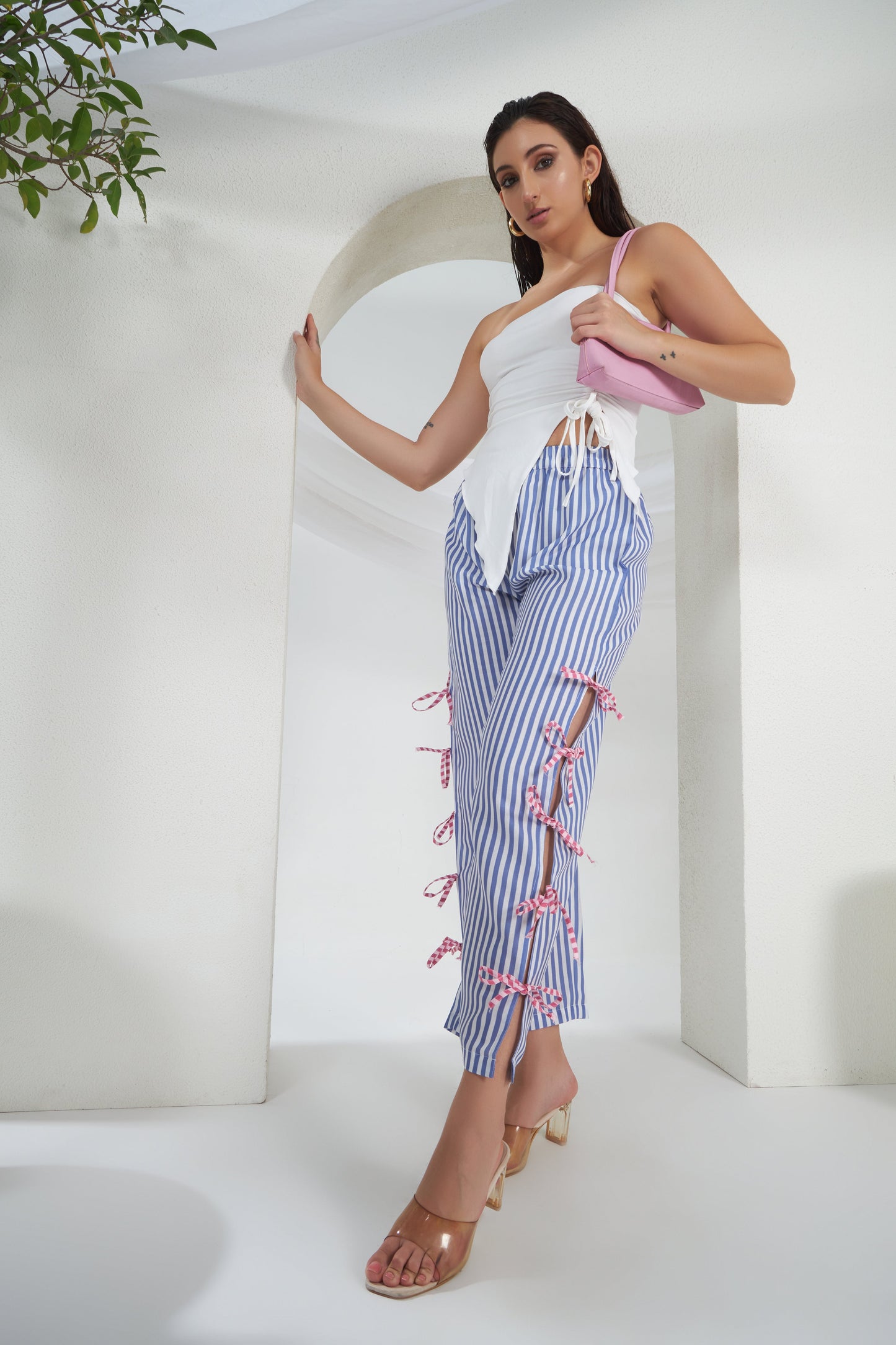 BLUE STRIPED SLIT TIE KNOT PANTS