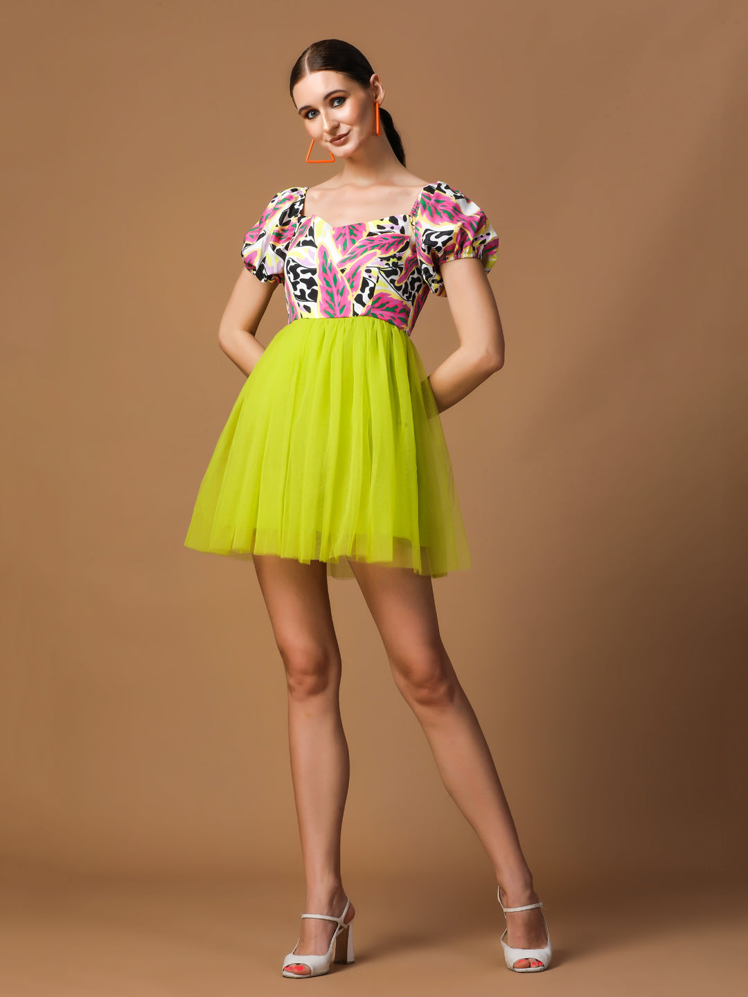 PUFF SLEEVE PRINTED TULLE MINI DRESS