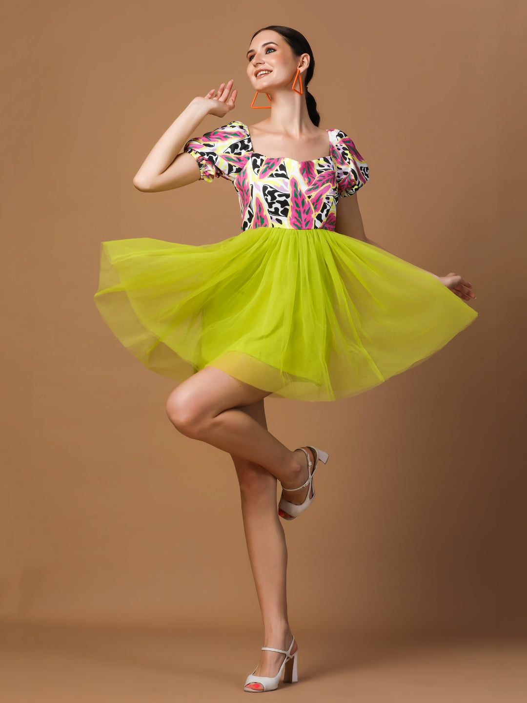 PUFF SLEEVE PRINTED TULLE MINI DRESS