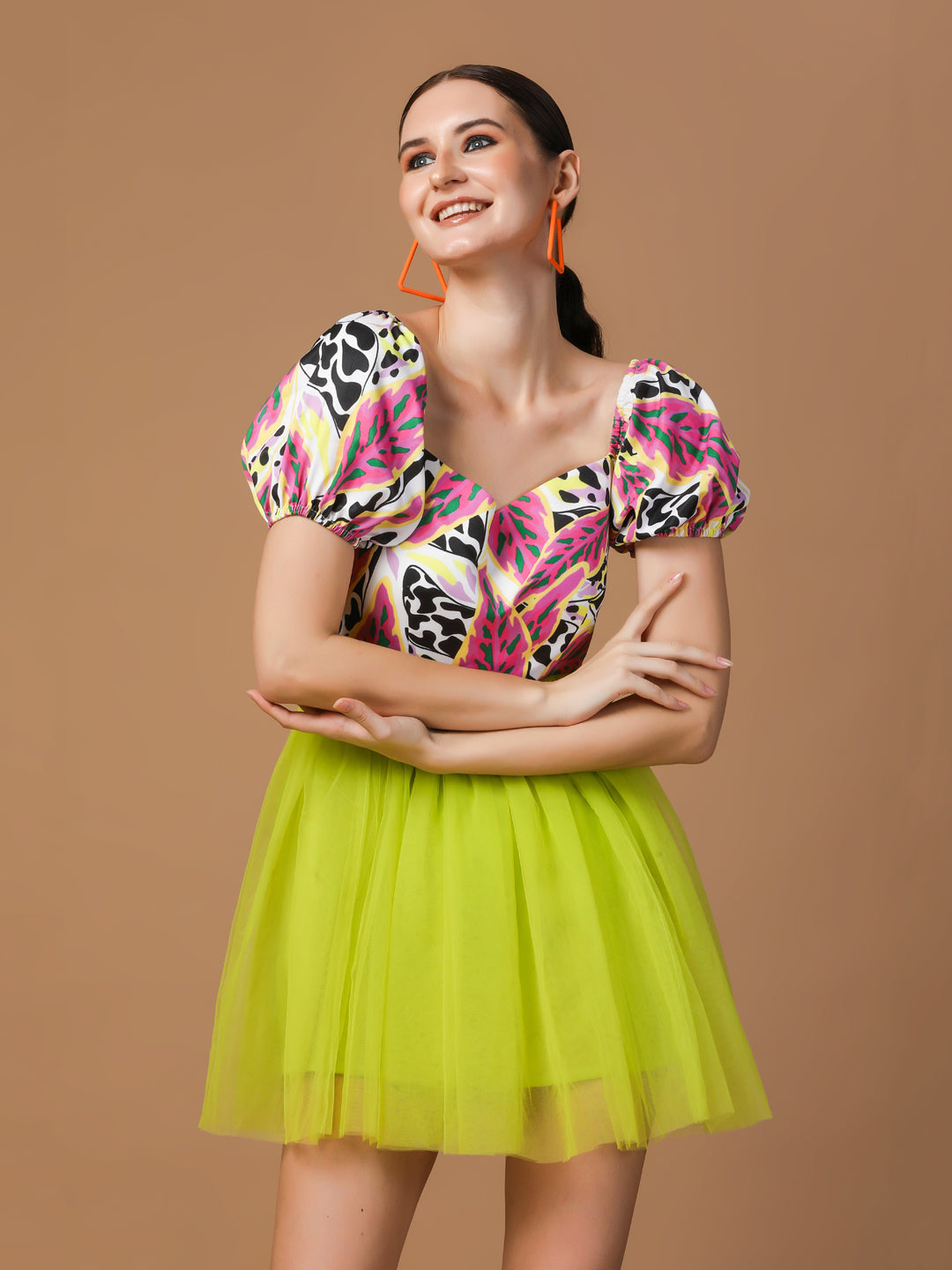 PUFF SLEEVE PRINTED TULLE MINI DRESS