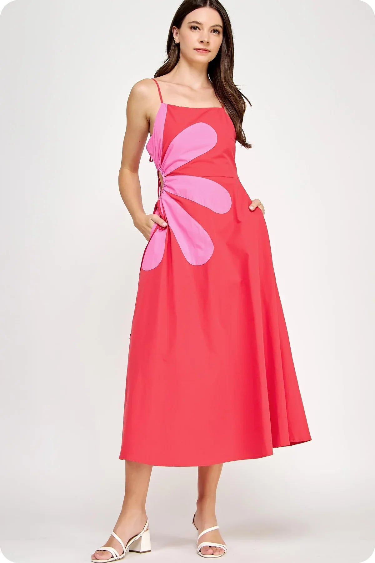 RED SIDE CUT FLOWER MAXI DRESS