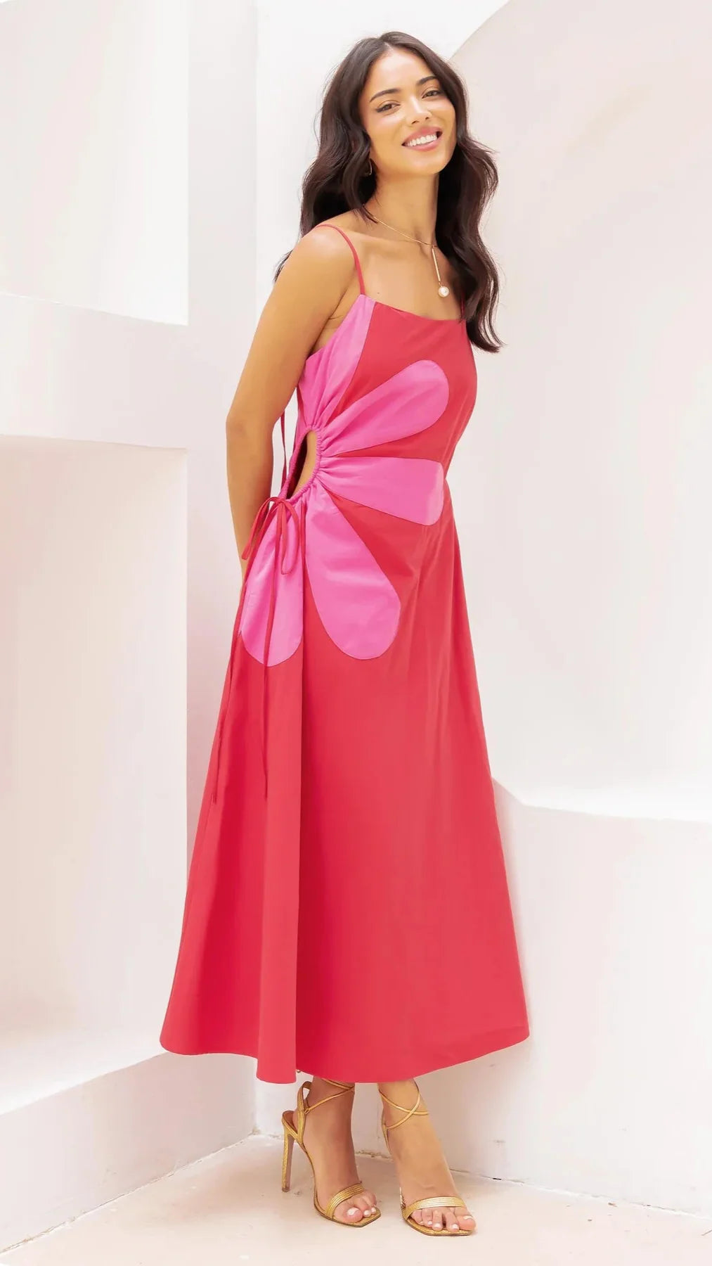 RED SIDE CUT FLOWER MAXI DRESS