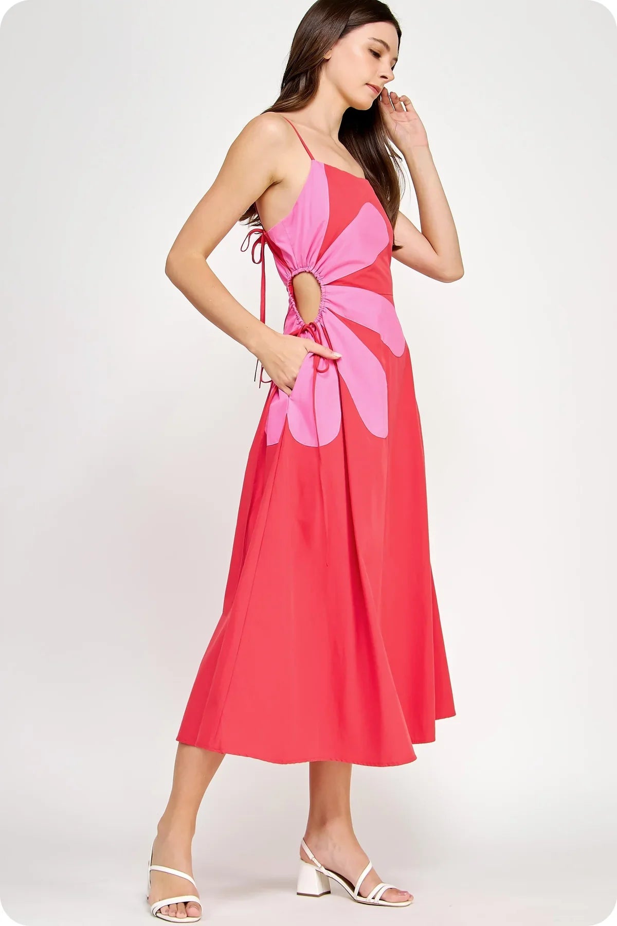 RED SIDE CUT FLOWER MAXI DRESS