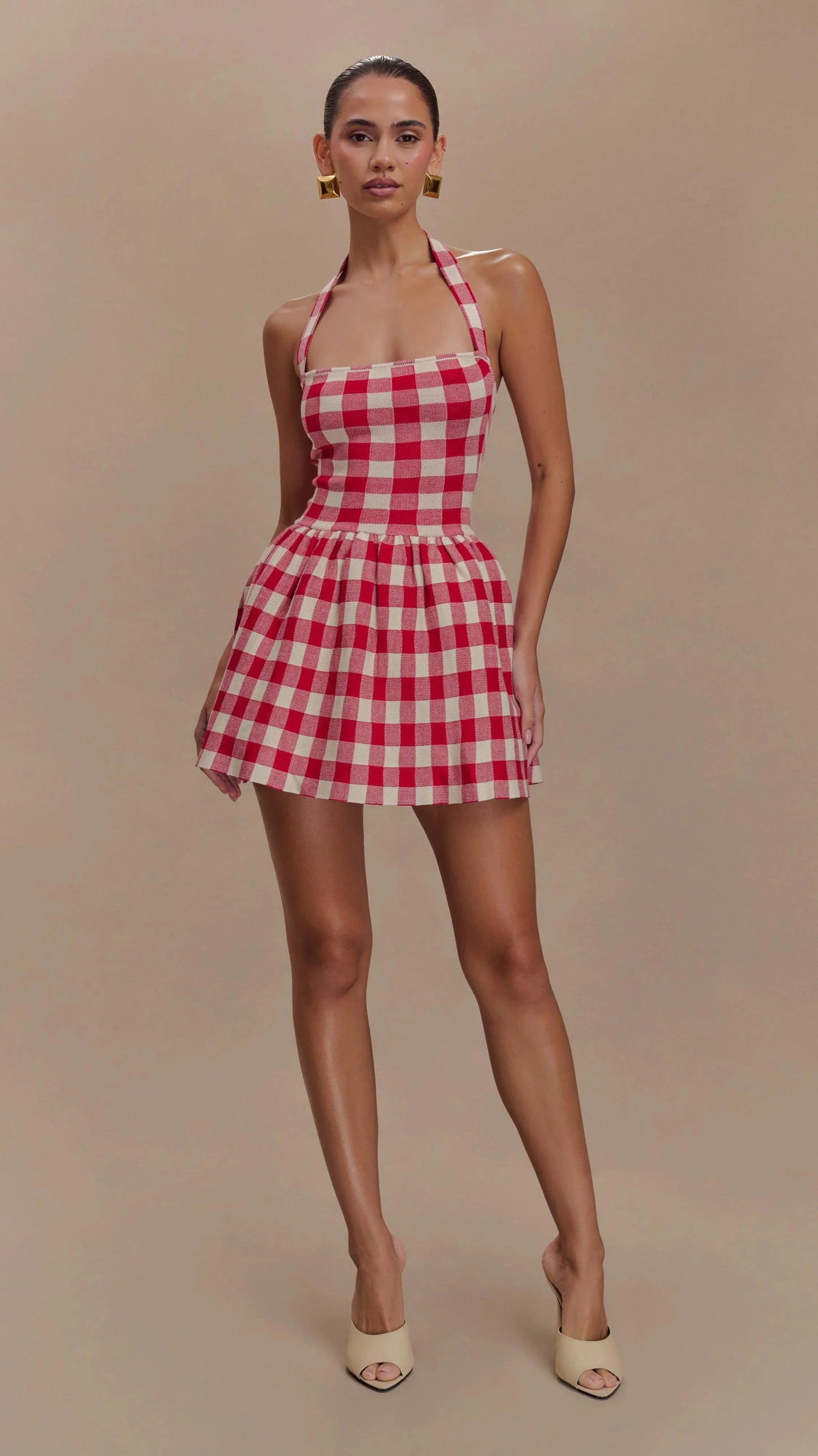 HALTER GINGHAM PRINT MINI DRESS