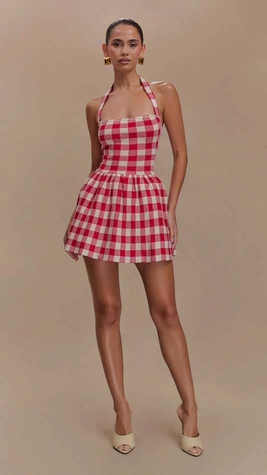 HALTER GINGHAM PRINT MINI DRESS