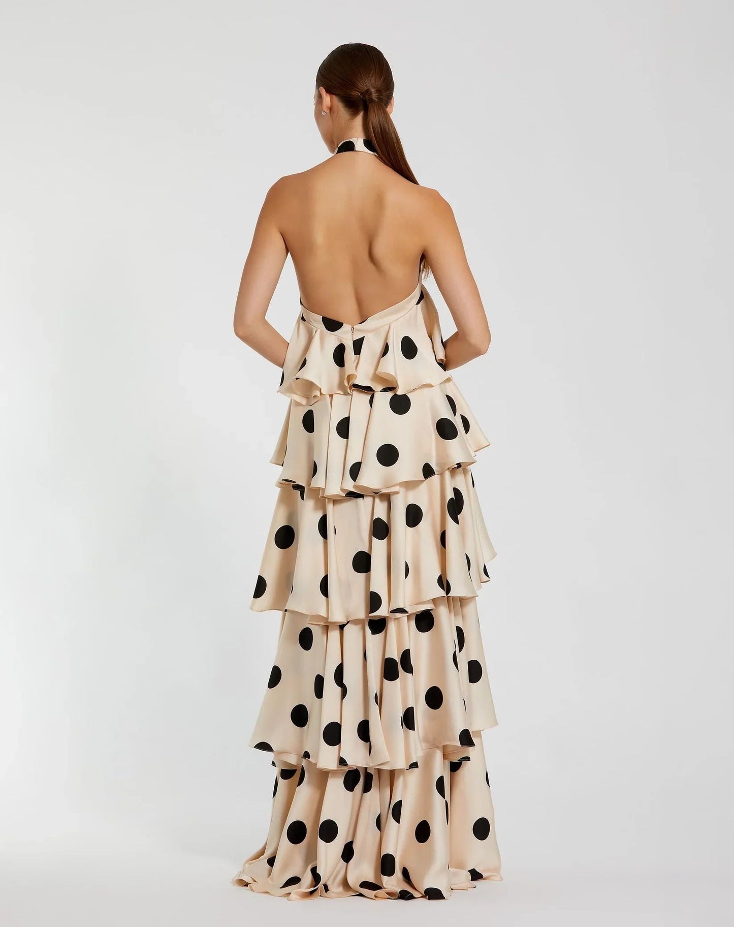 POLKA CASCADE RUFFLE MAXI DRESS