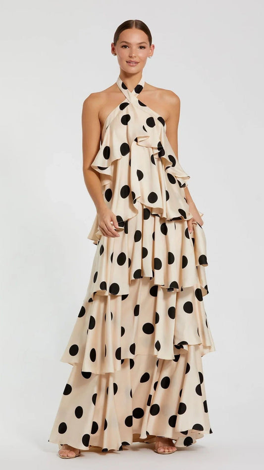 POLKA CASCADE RUFFLE MAXI DRESS