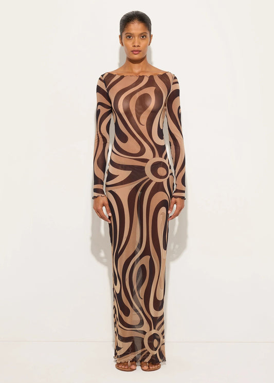 BROWN BEIGE PRINT MAXI DRESS