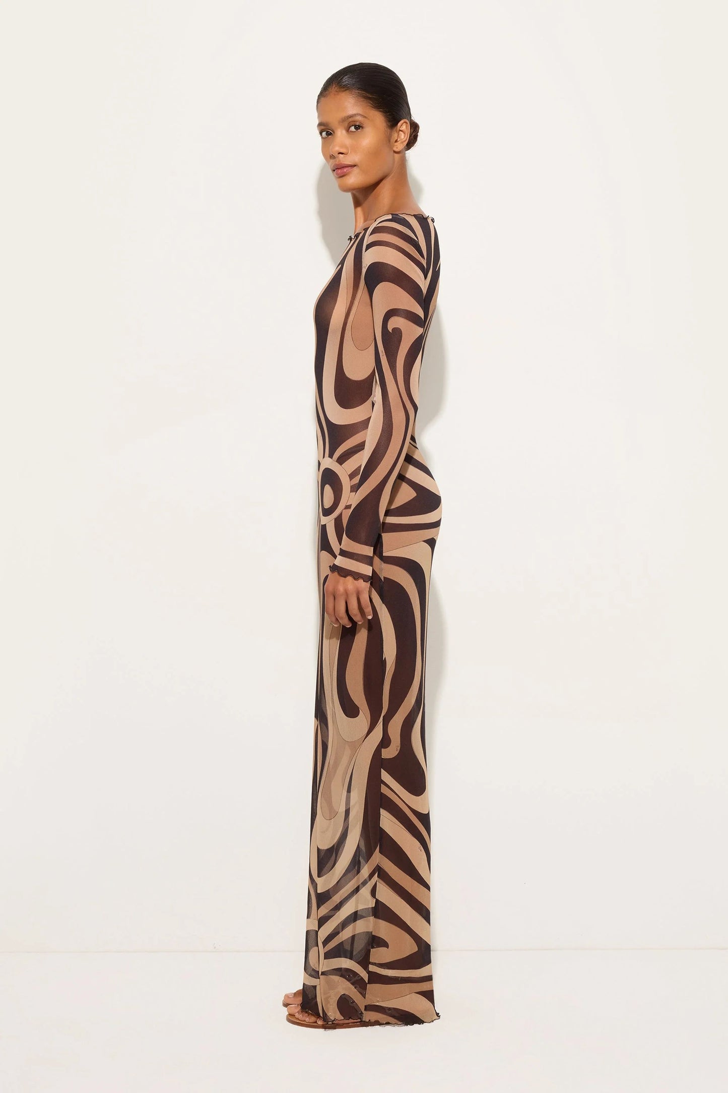 BROWN BEIGE PRINT MAXI DRESS