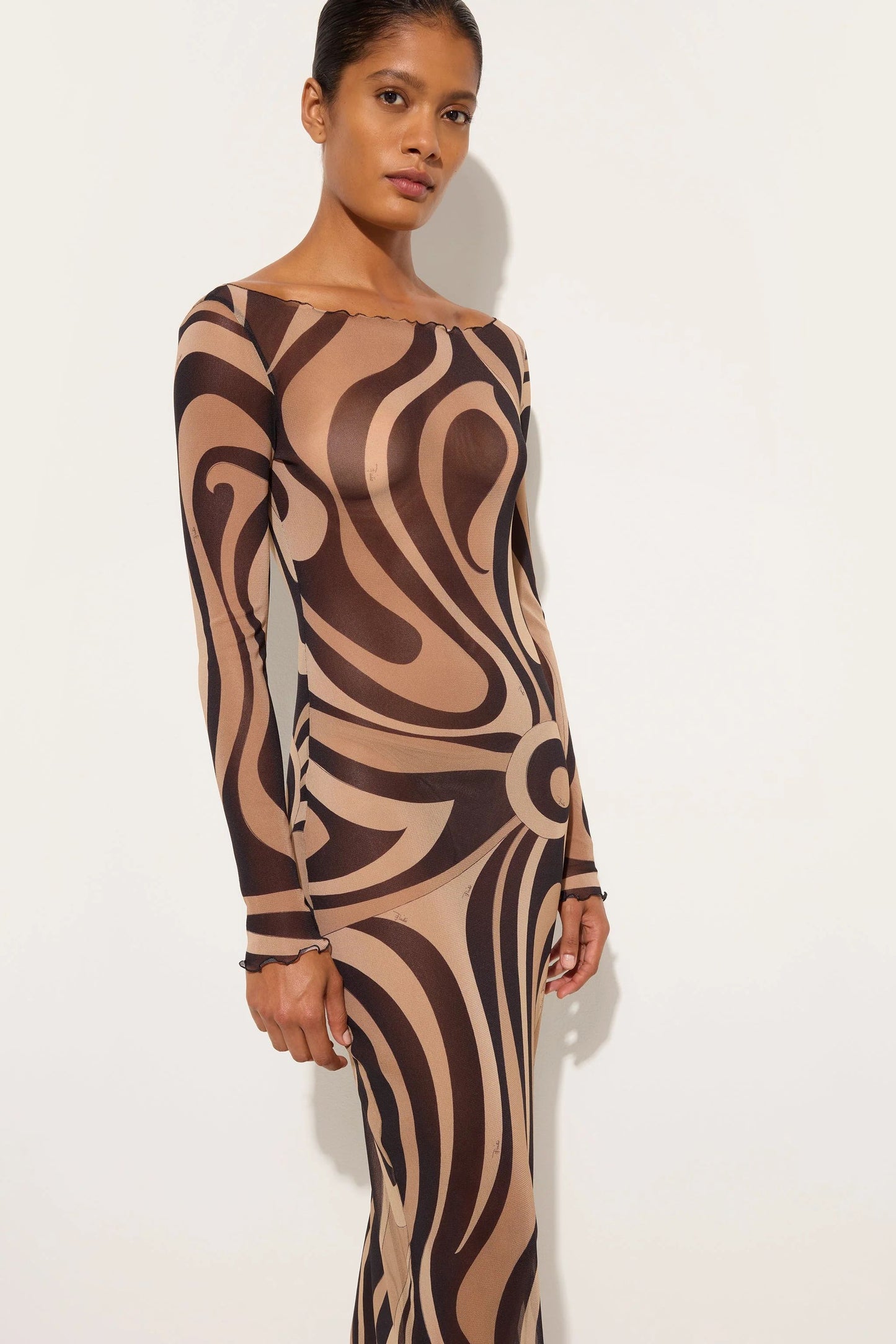 BROWN BEIGE PRINT MAXI DRESS