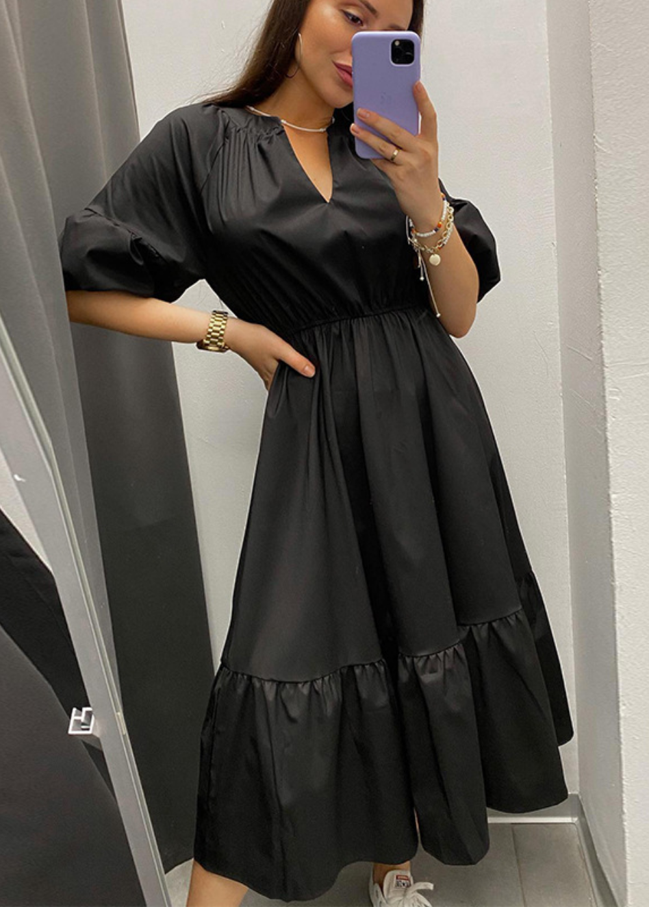 SUMMER COTTON PUFF SLEEVE MAXI DRESS