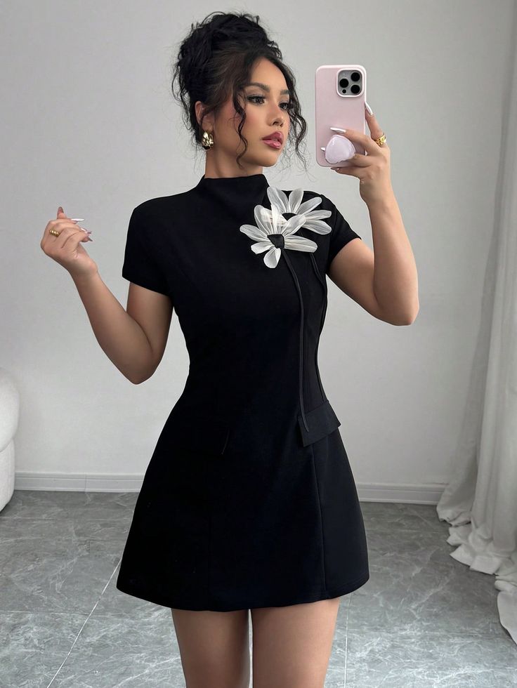 BLACK TWEED FLOWER WORK DRESS