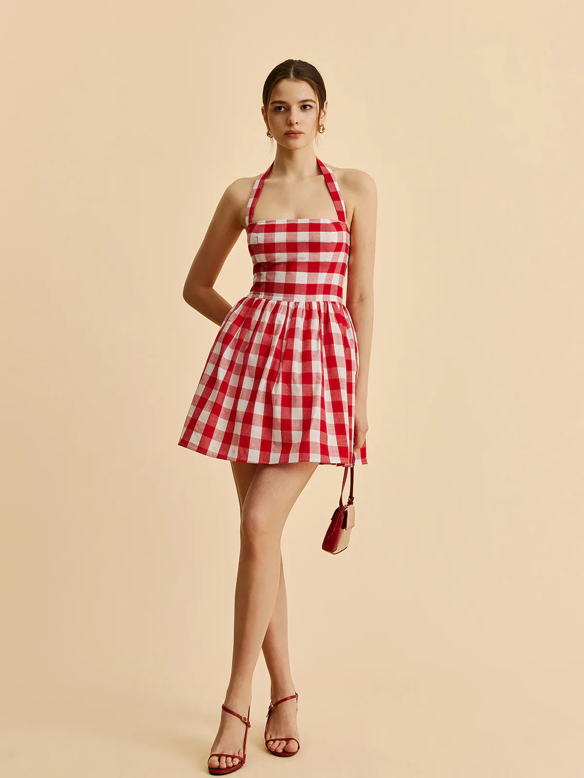 HALTER GINGHAM PRINT MINI DRESS