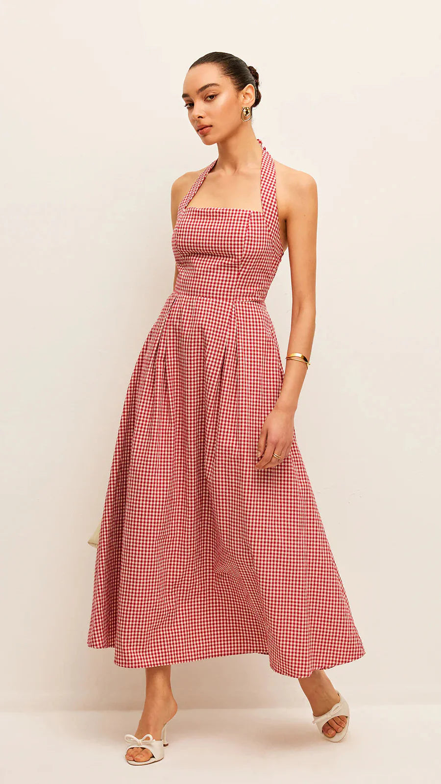 GINGHAM PRINT RED COTTON DRESS