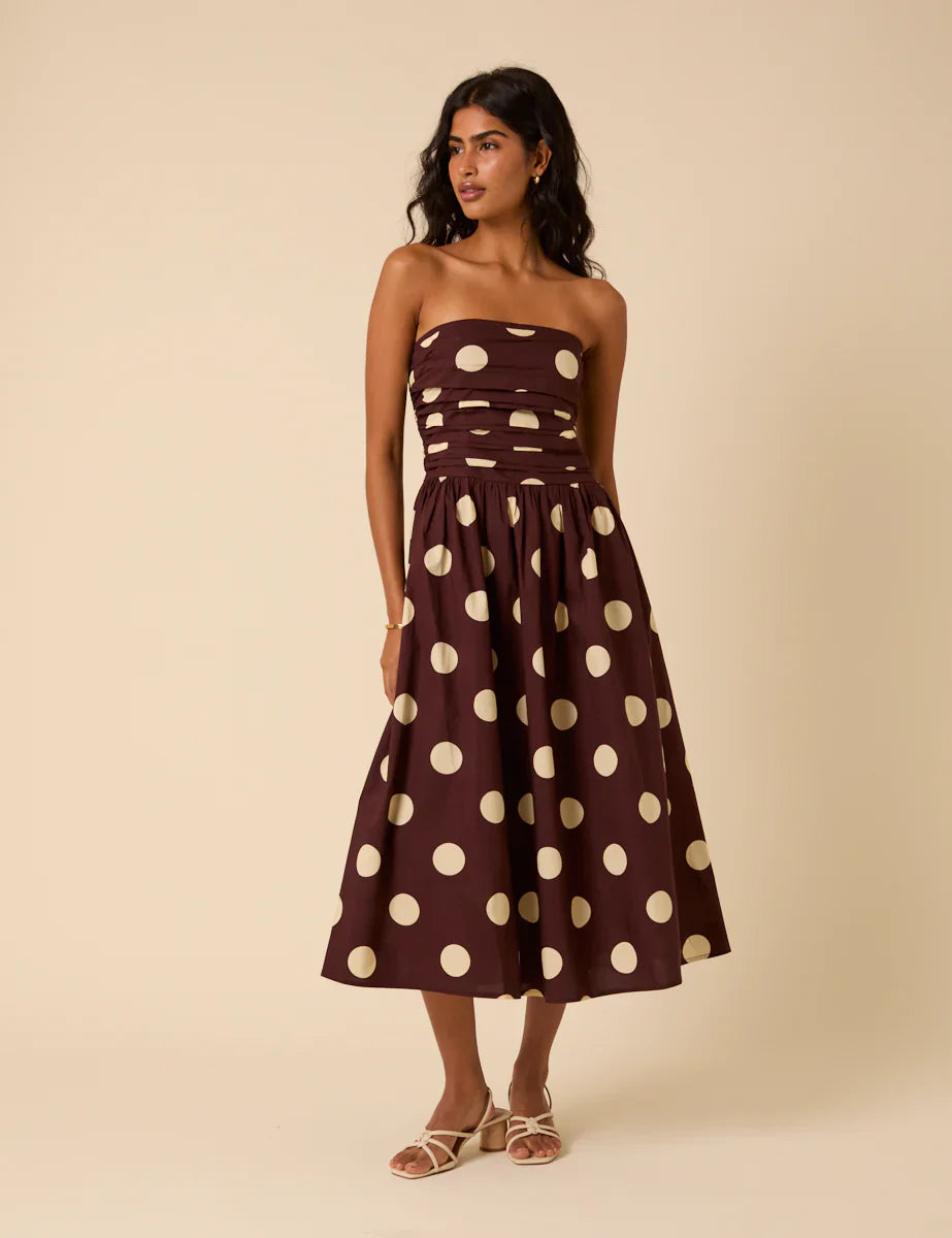 BROWN POLKA DOTS BANDEAU DRESS