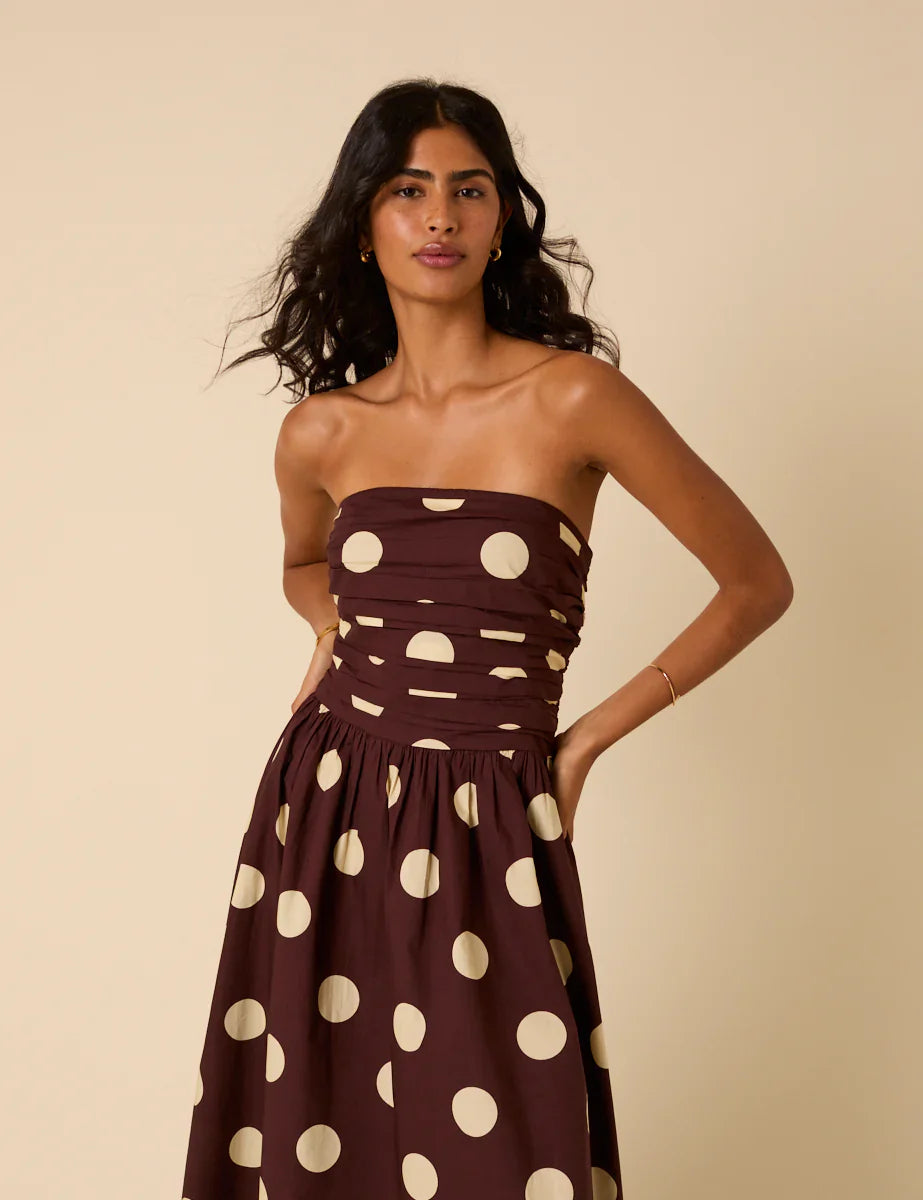 BROWN POLKA DOTS BANDEAU DRESS