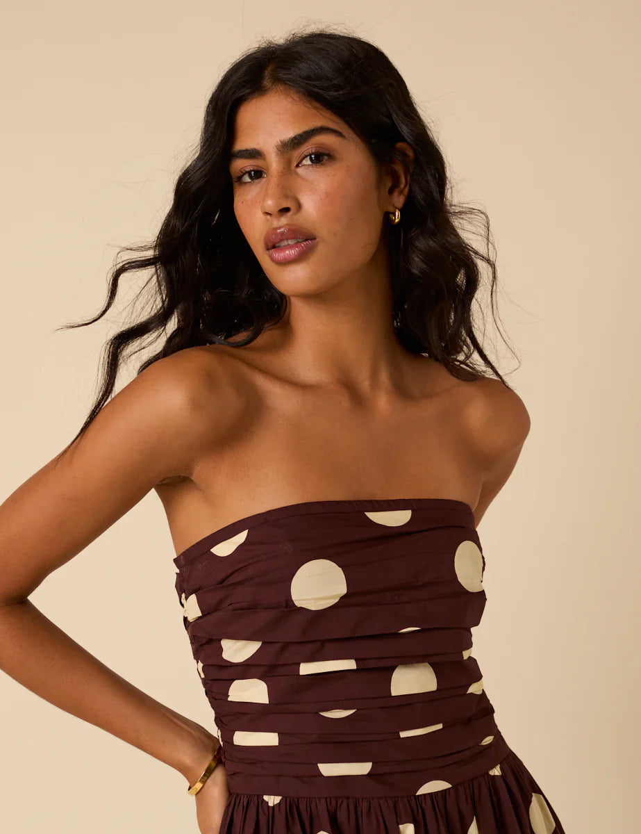 BROWN POLKA DOTS BANDEAU DRESS