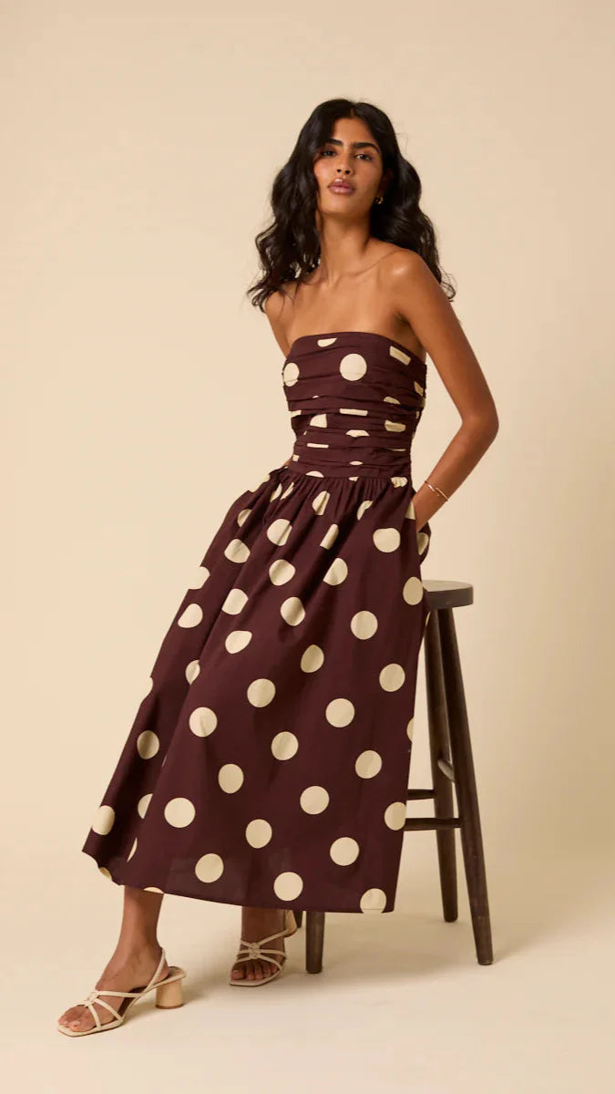 BROWN POLKA DOTS BANDEAU DRESS