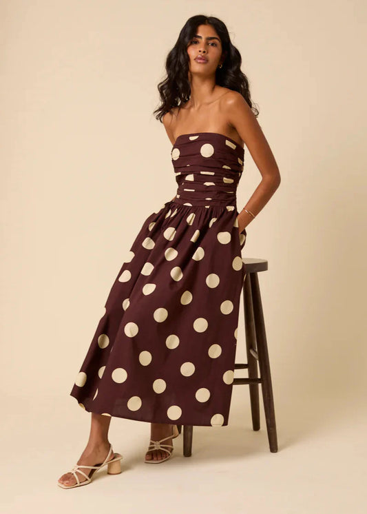 BROWN POLKA DOTS BANDEAU DRESS